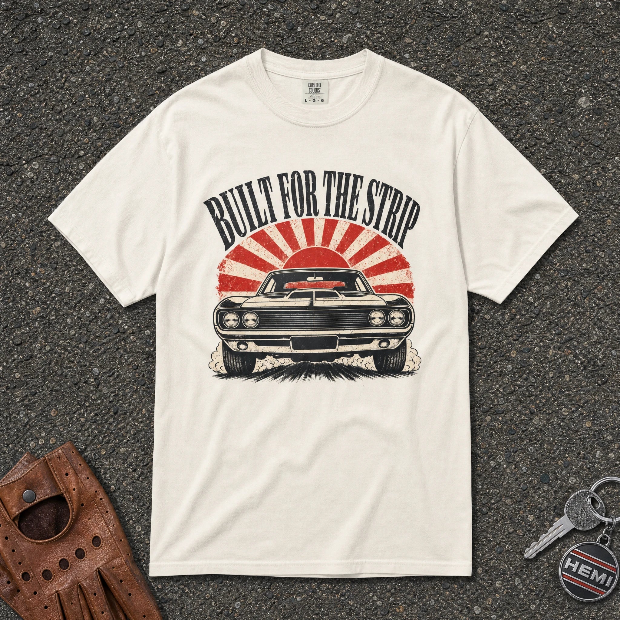 ivory built for the strip muscle car graphic tshirt — vintage sunburst comfort colors tee