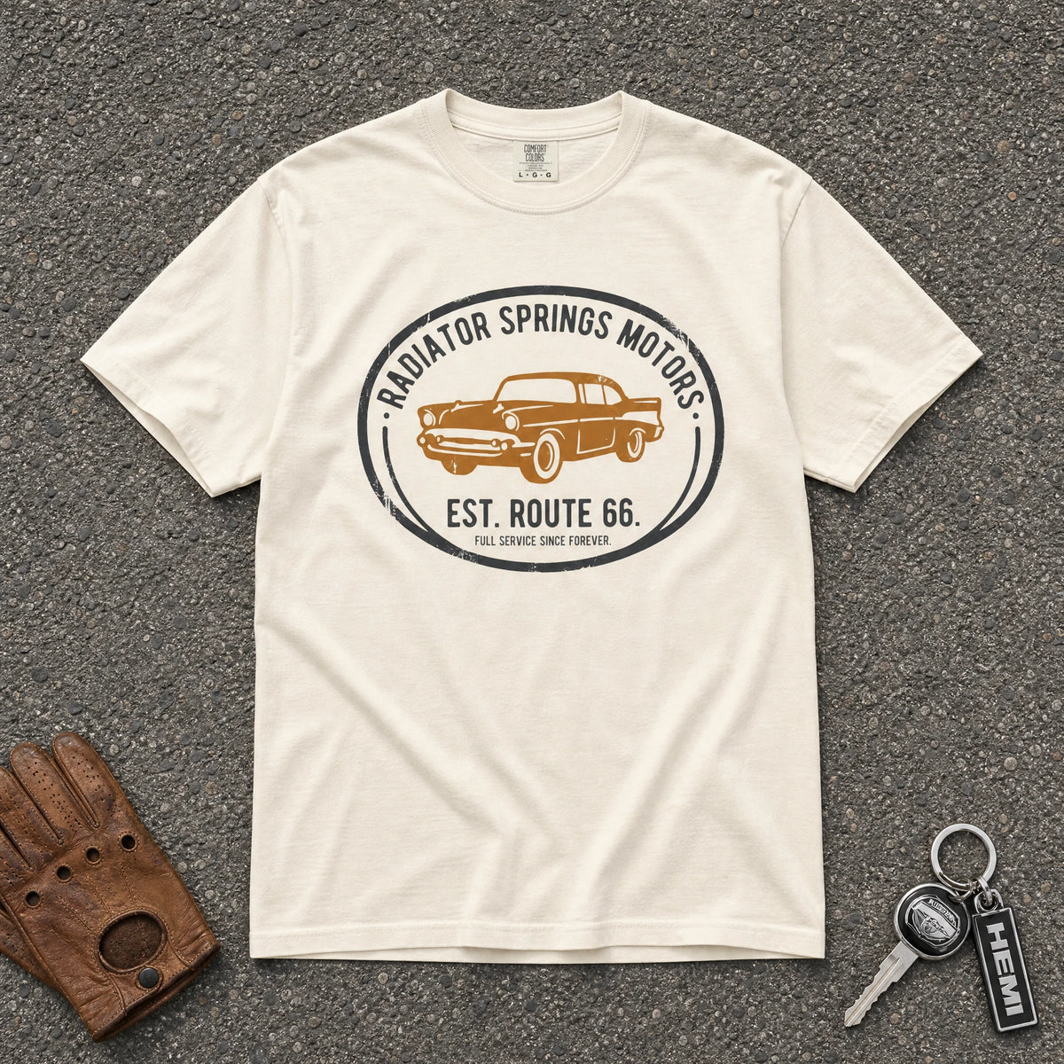 ivory radiator springs motors route 66 tee - vintage faded motor club comfort colors shirt