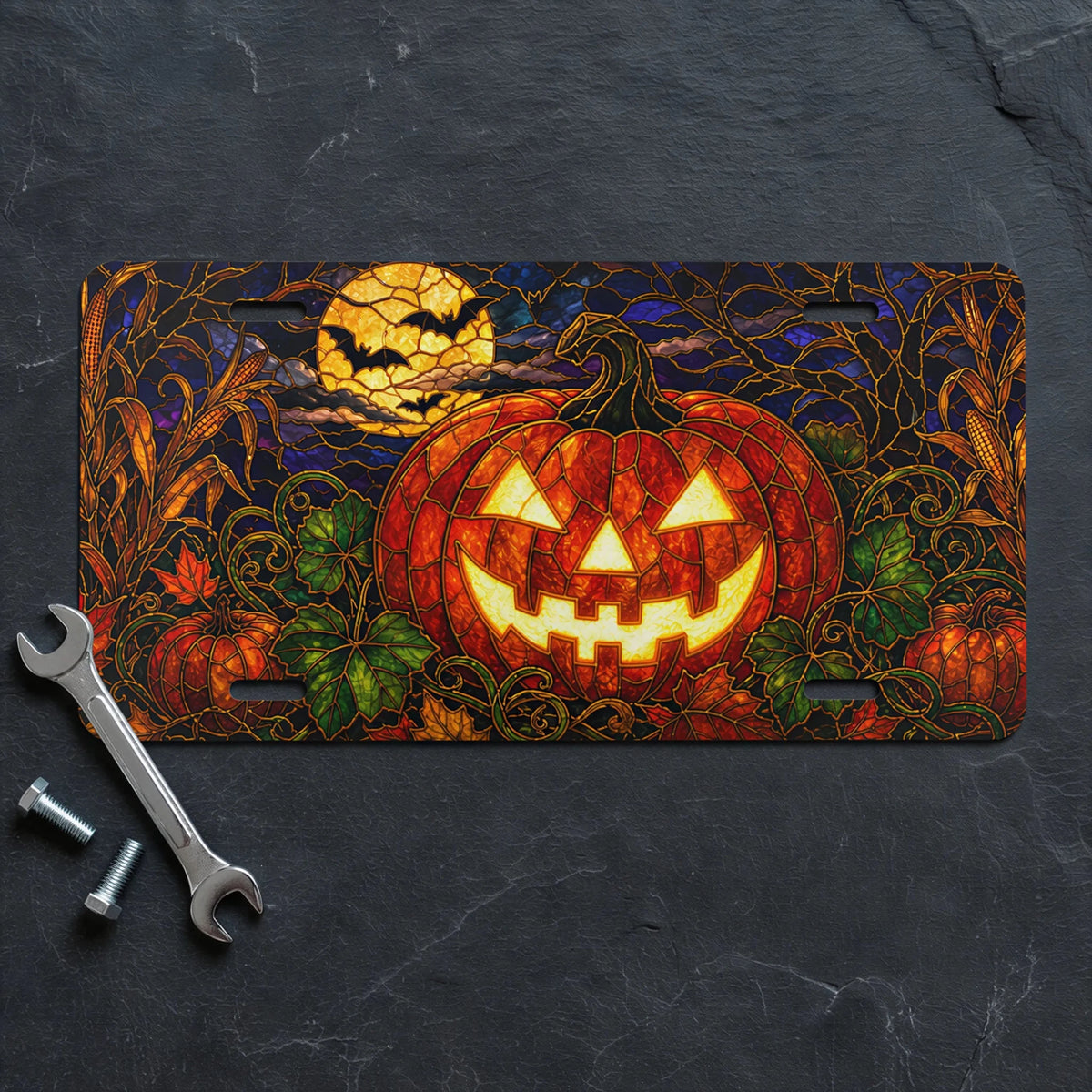 Jack-o'-Lantern Pumpkin Halloween Vanity Plate - Road Muse
