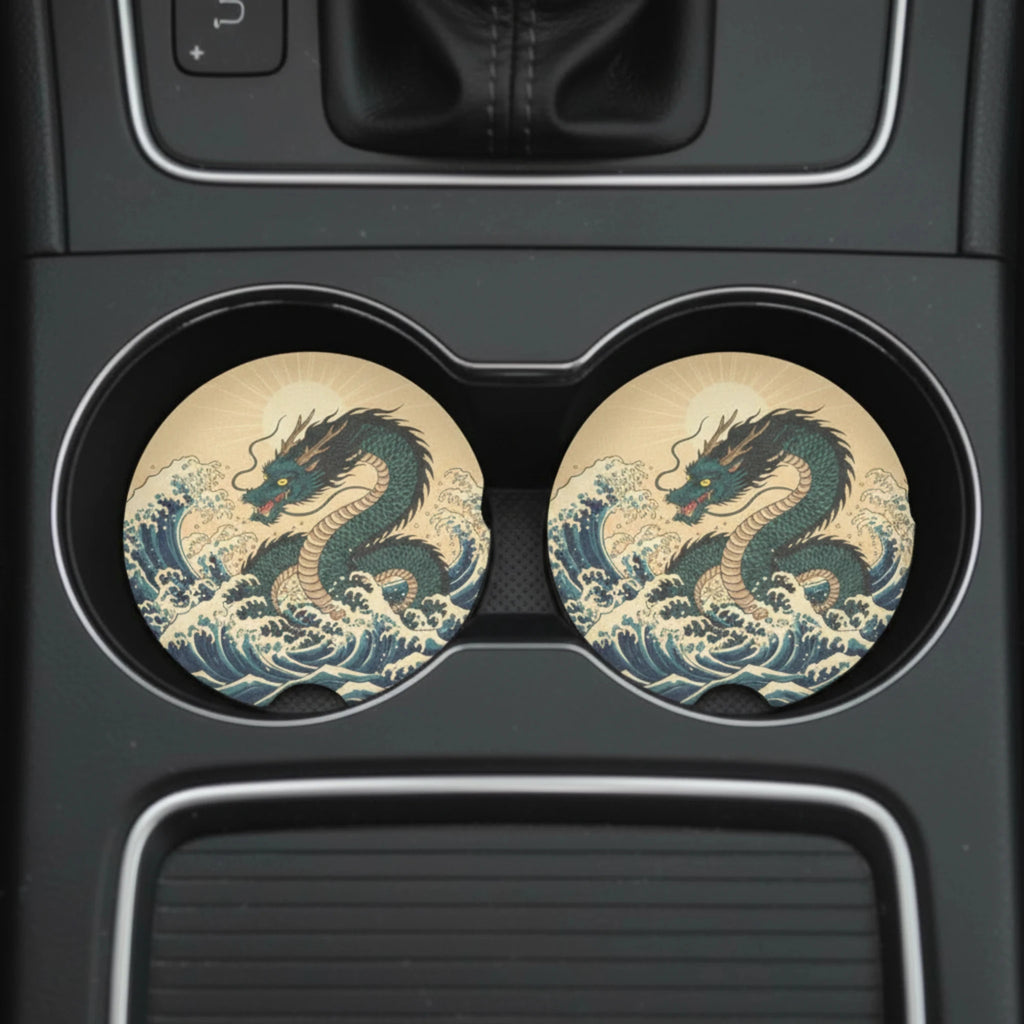 Japanese Wave Dragon Car Coasters Set - Road Muse