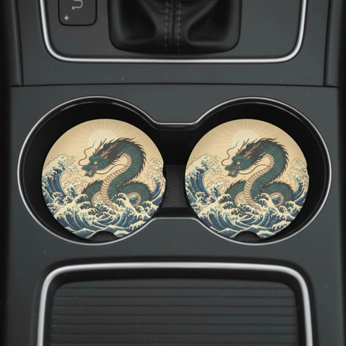 Japanese Wave Dragon Car Coasters Set - Road Muse