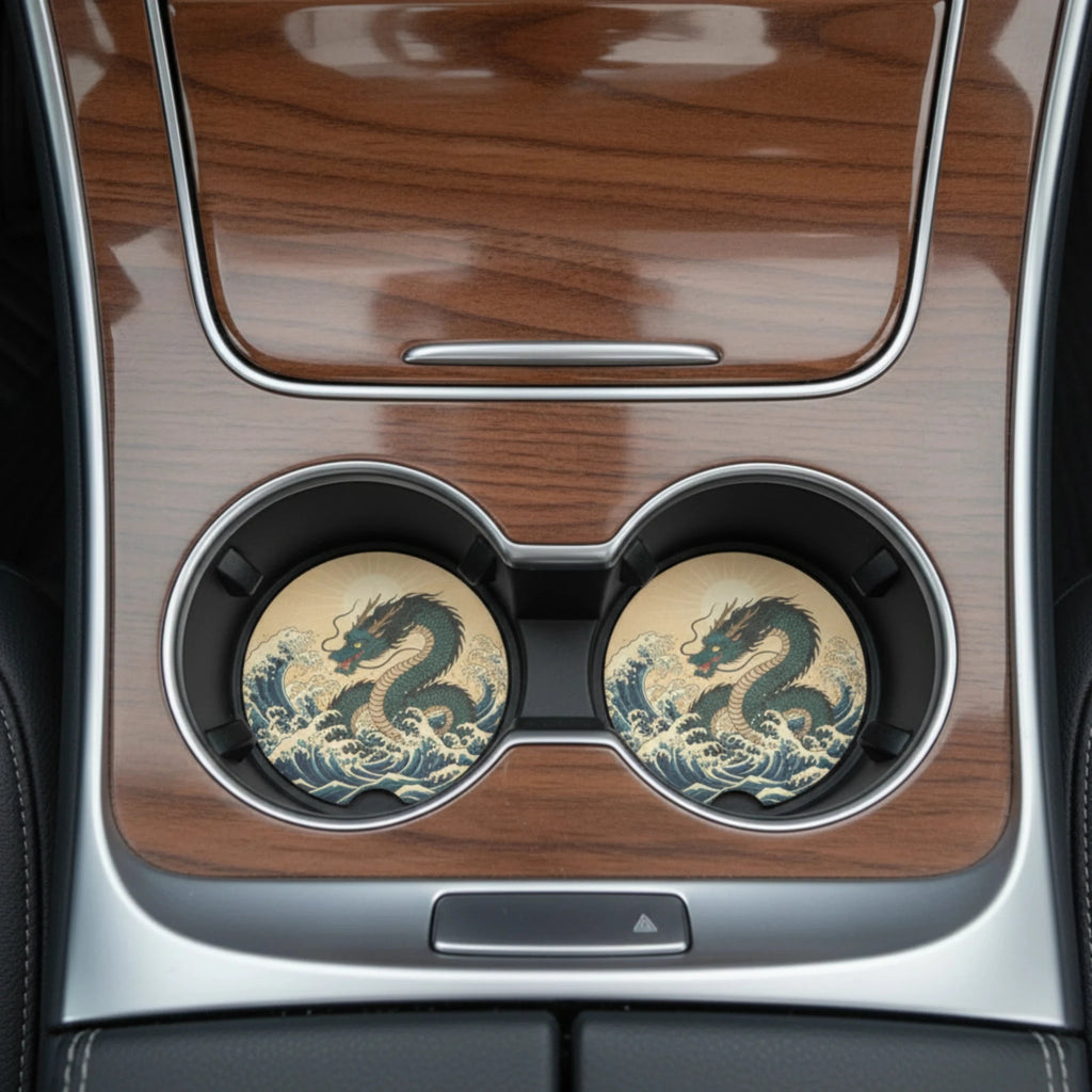 Japanese Wave Dragon Car Coasters Set - Road Muse