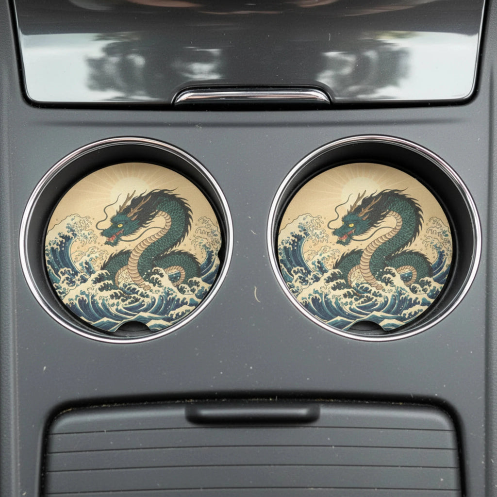 Japanese Wave Dragon Car Coasters Set - Road Muse