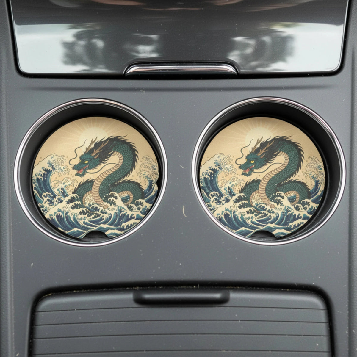 Japanese Wave Dragon Car Coasters Set - Road Muse