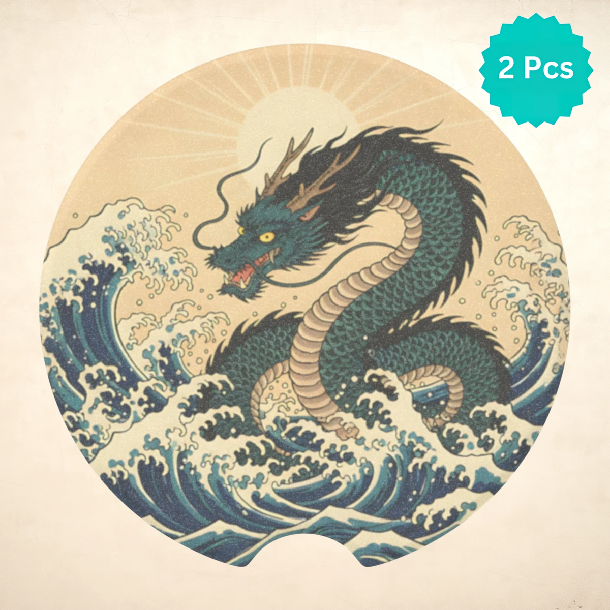 Japanese Wave Dragon Car Coasters Set - Road Muse