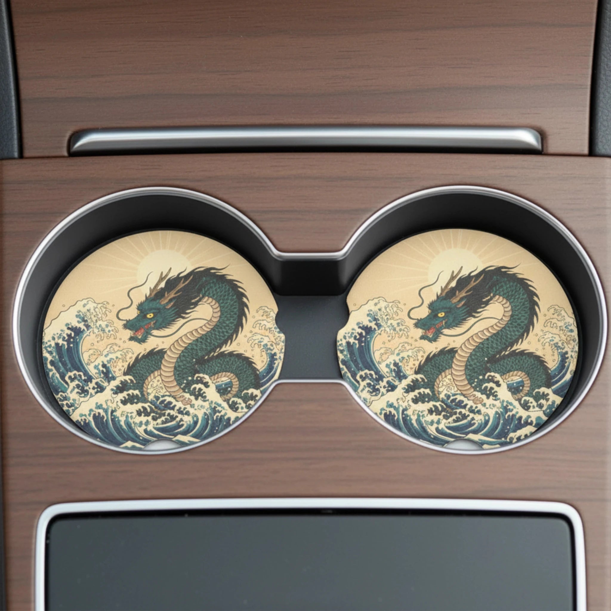 Japanese Wave Dragon Car Coasters Set - Road Muse