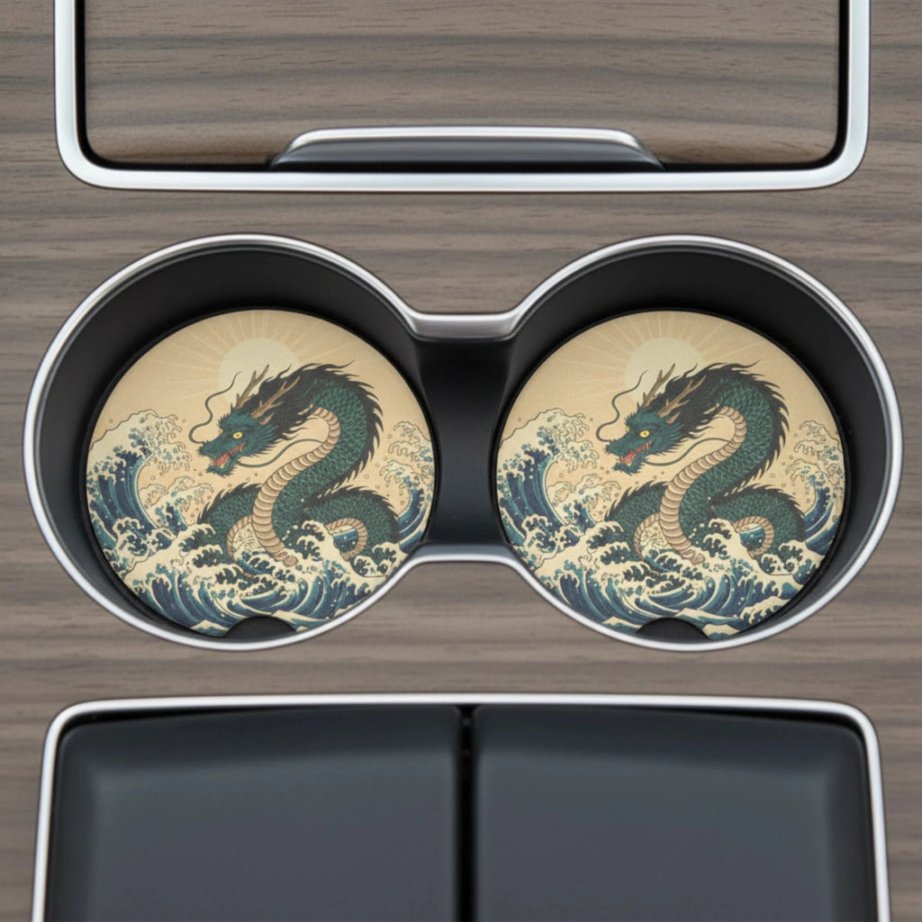 Japanese Wave Dragon Car Coasters Set - Road Muse