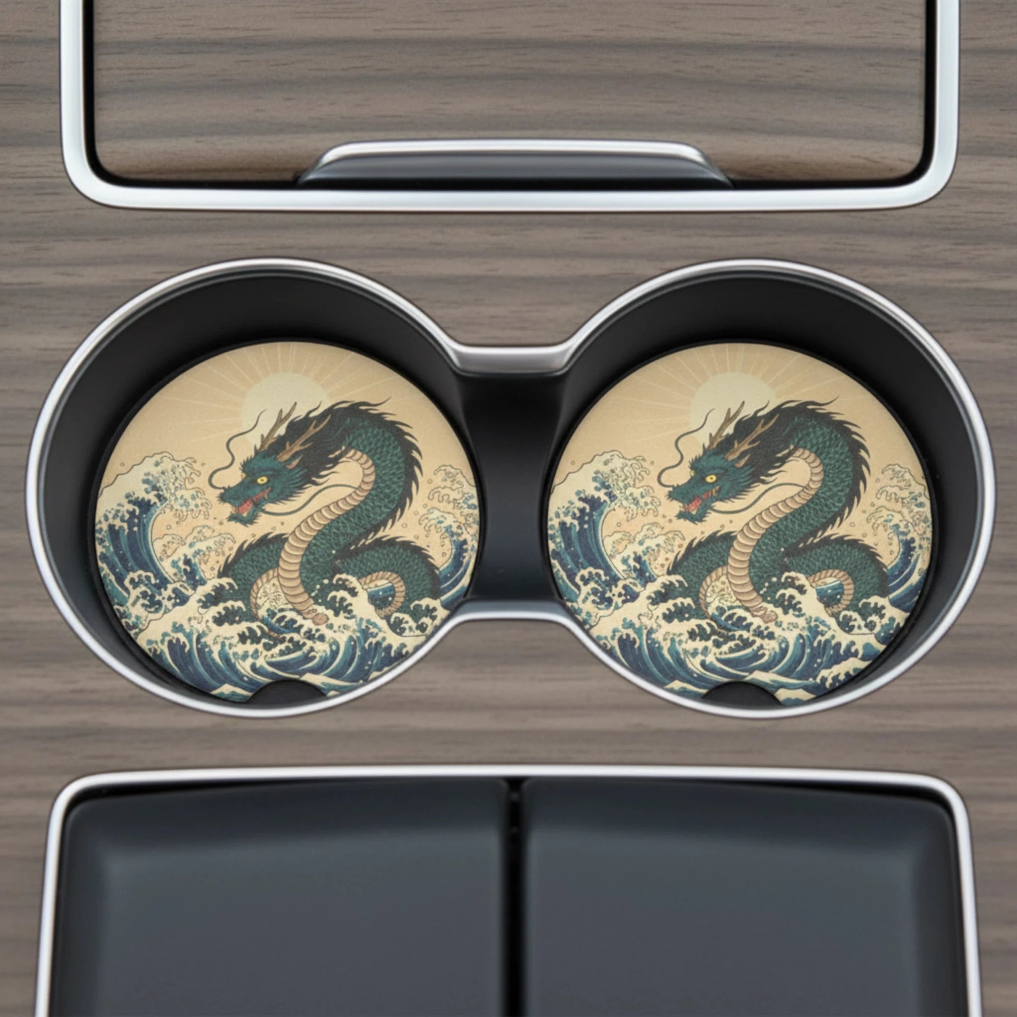 Japanese Wave Dragon Car Coasters Set - Road Muse
