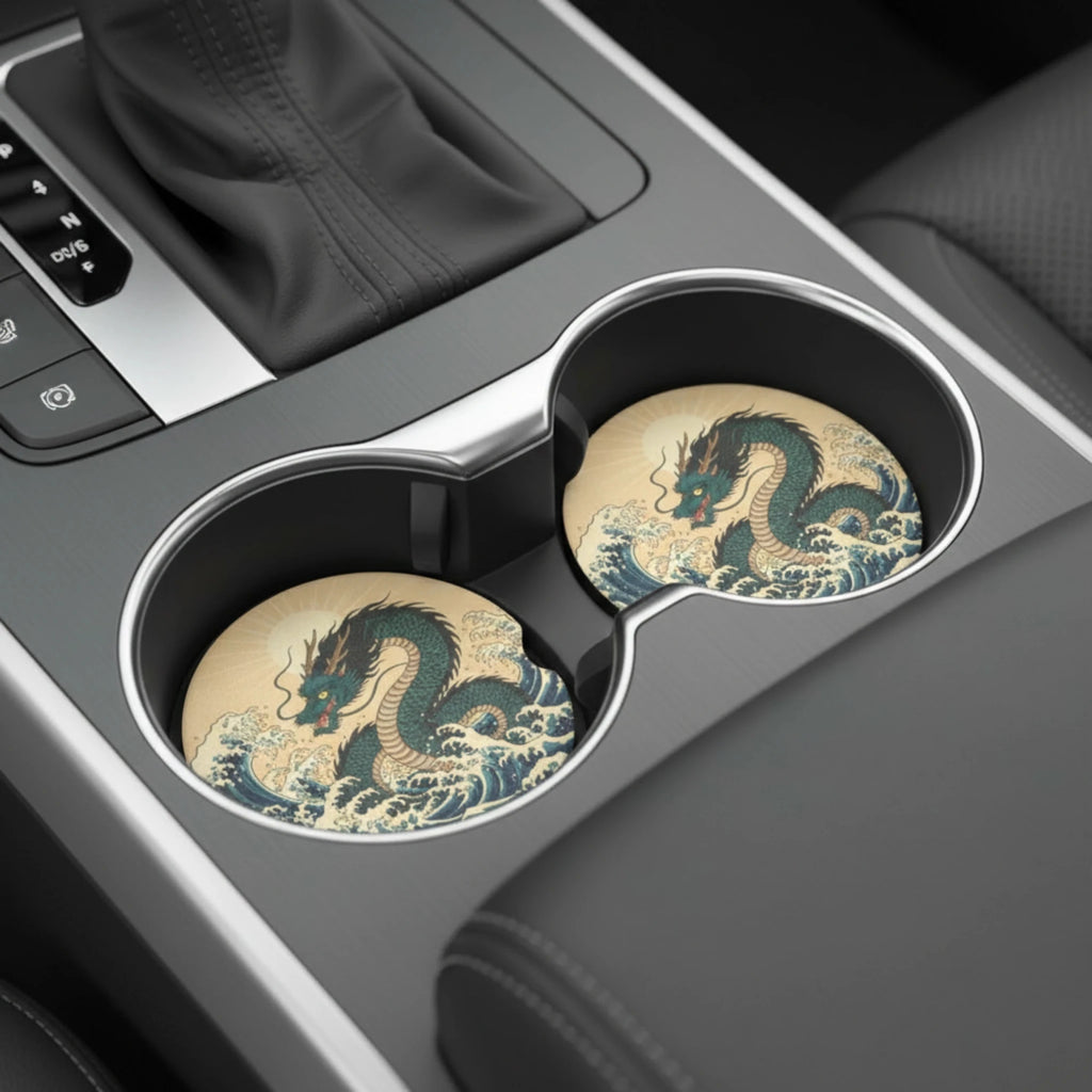 Japanese Wave Dragon Car Coasters Set - Road Muse