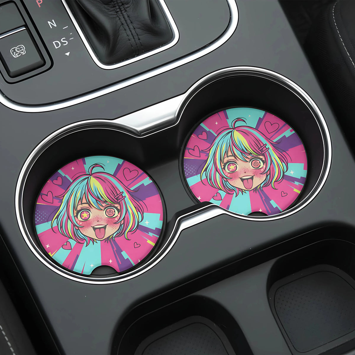 Kawaii Anime Girl Hearts Car Coasters Set - Road Muse