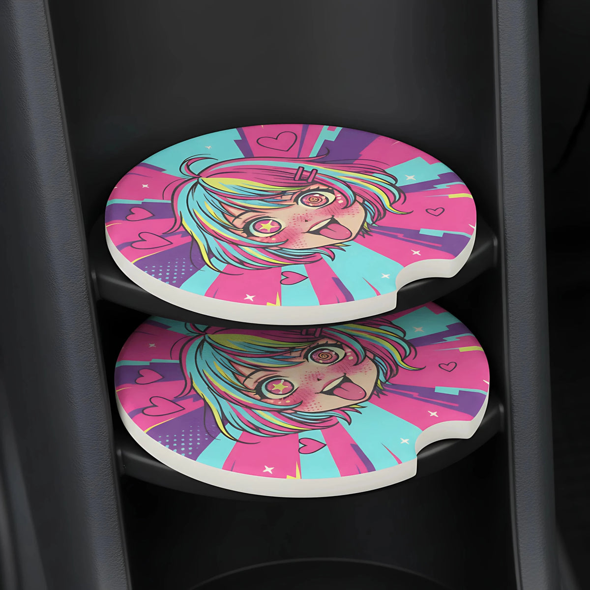 Kawaii Anime Girl Hearts Car Coasters Set - Road Muse