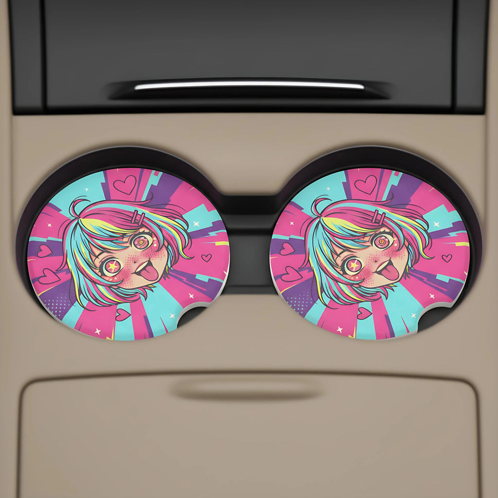 Kawaii Anime Girl Hearts Car Coasters Set - Road Muse