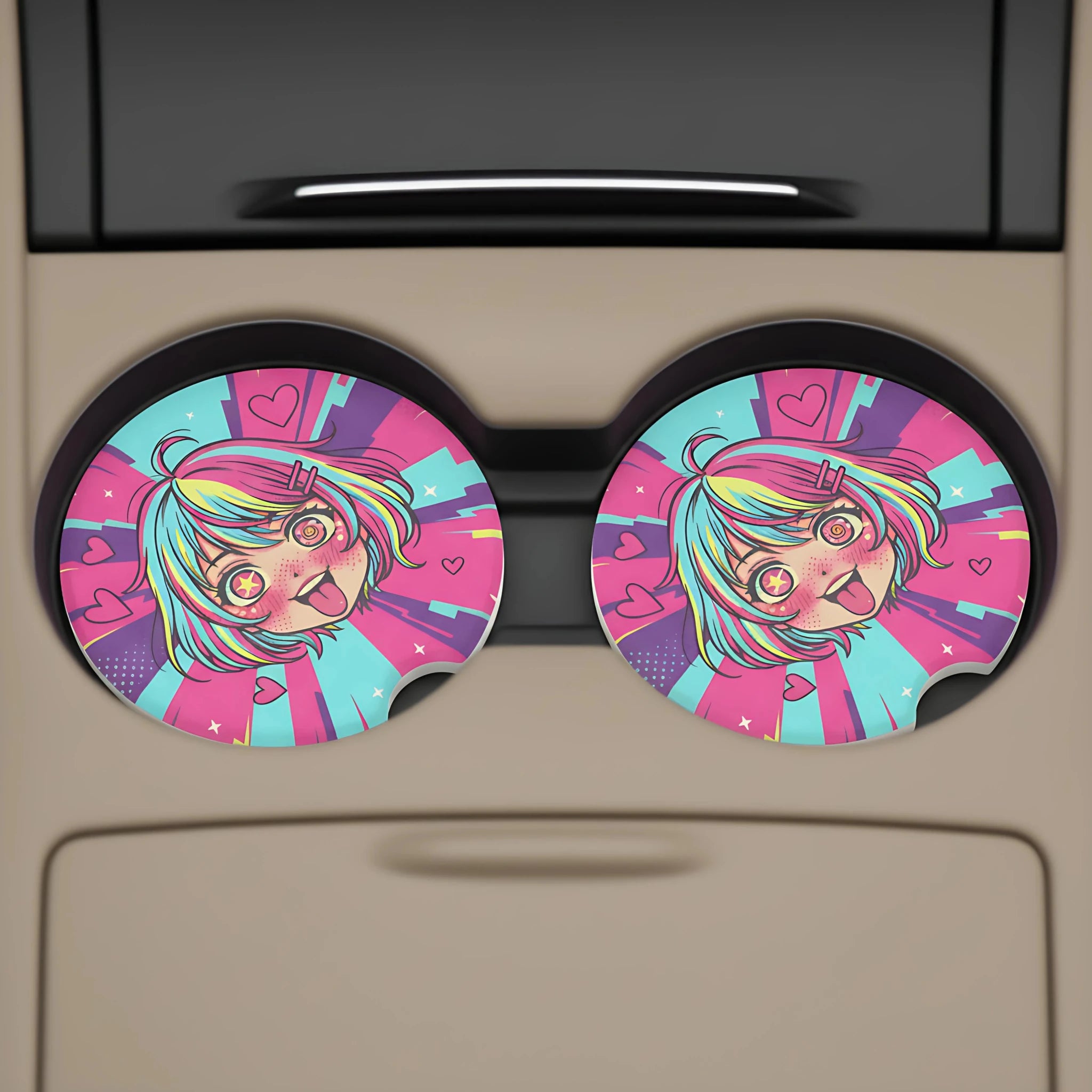 Kawaii Anime Girl Hearts Car Coasters Set - Road Muse