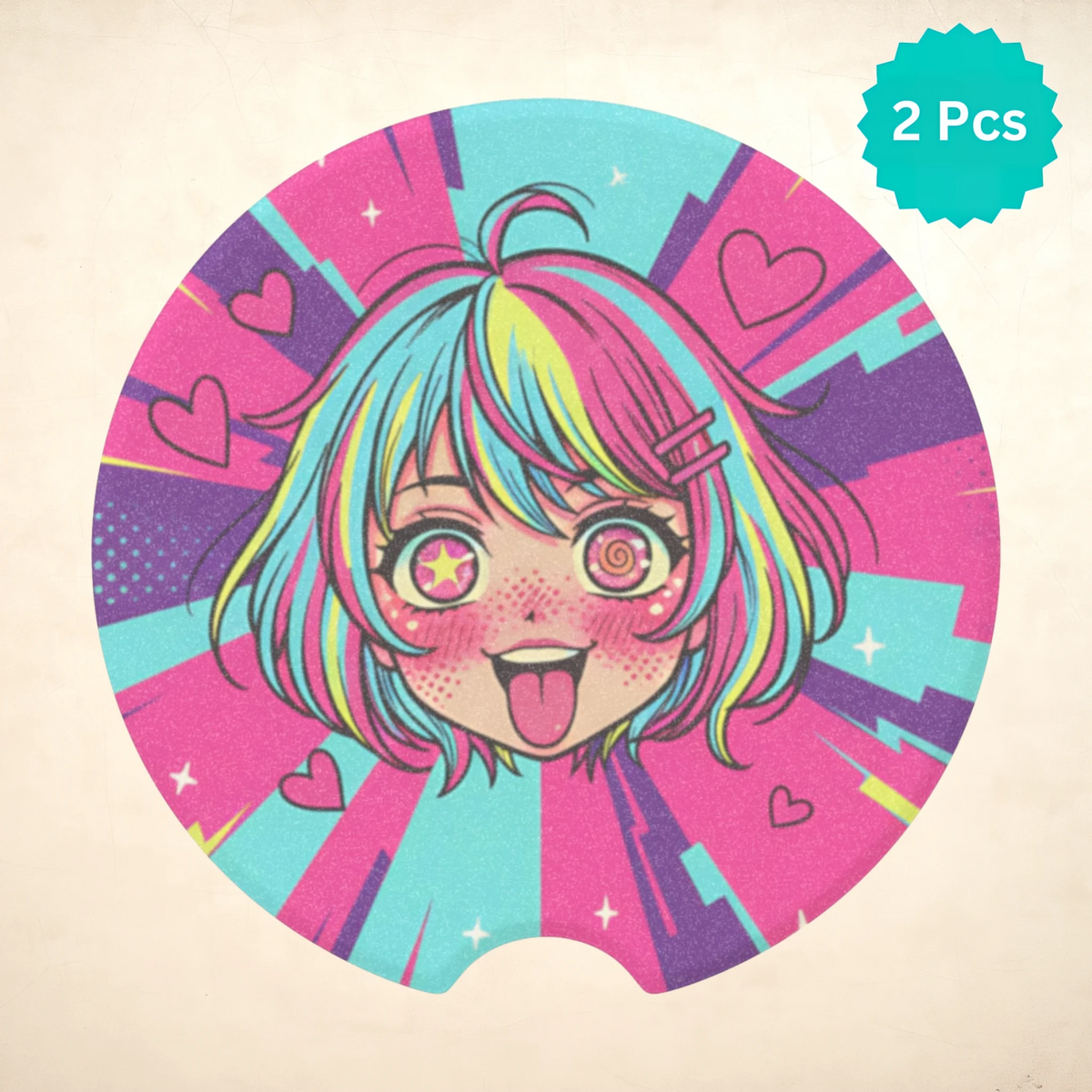 Kawaii Anime Girl Hearts Car Coasters Set - Road Muse