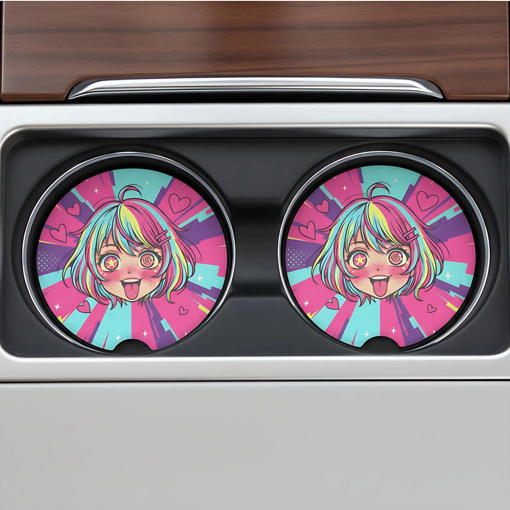 Kawaii Anime Girl Hearts Car Coasters Set - Road Muse