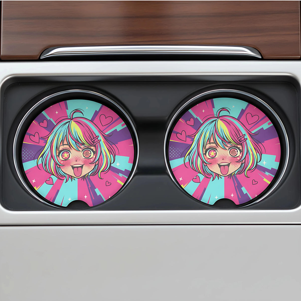 Kawaii Anime Girl Hearts Car Coasters Set - Road Muse