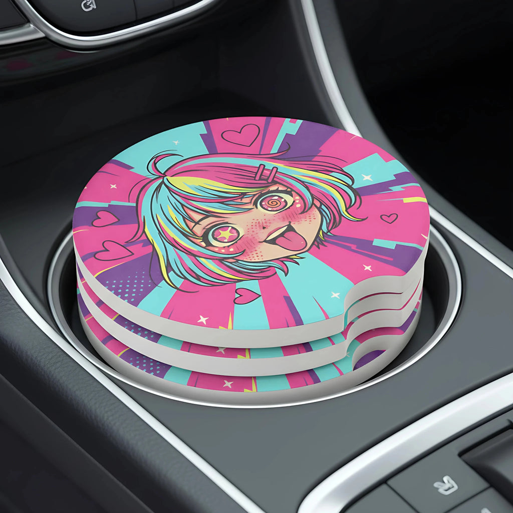 Kawaii Anime Girl Hearts Car Coasters Set - Road Muse