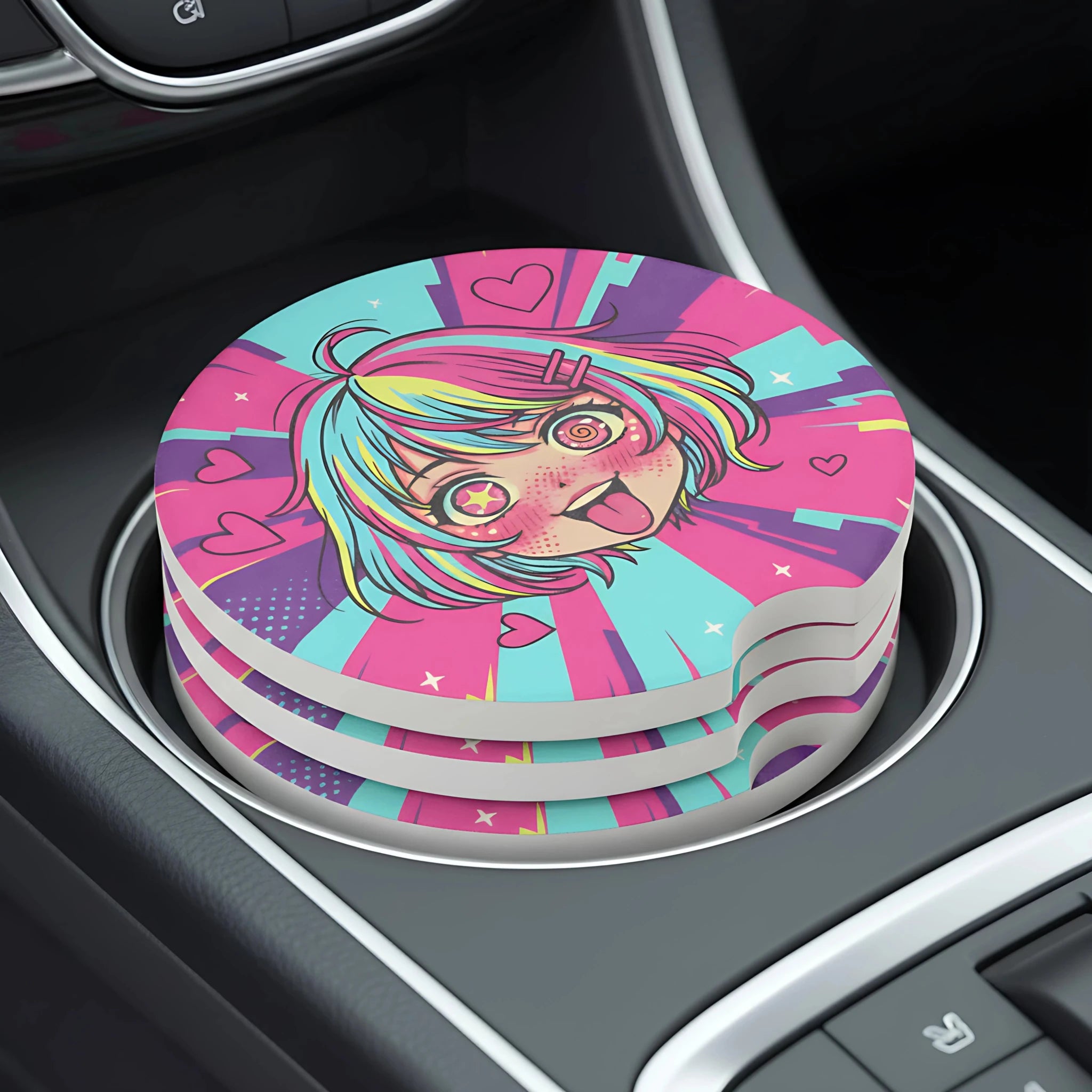 Kawaii Anime Girl Hearts Car Coasters Set - Road Muse