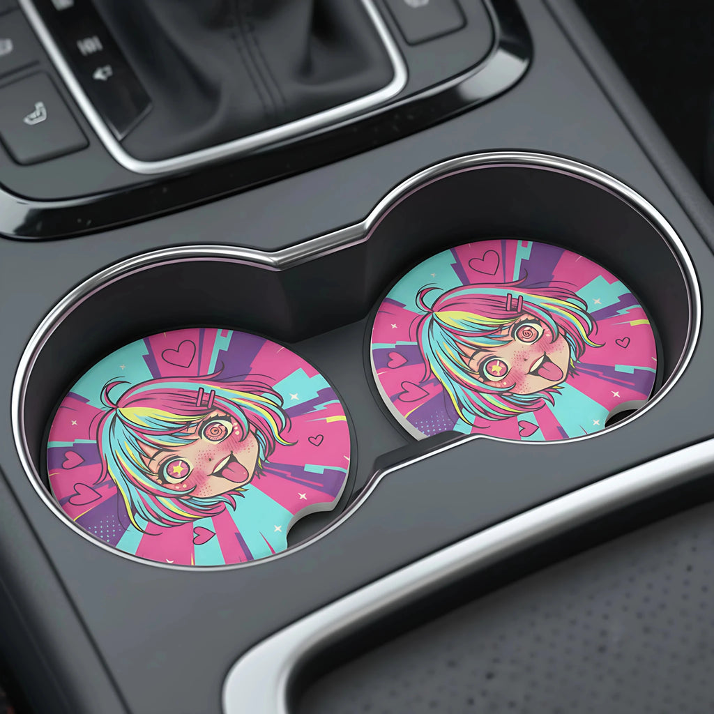 Kawaii Anime Girl Hearts Car Coasters Set - Road Muse