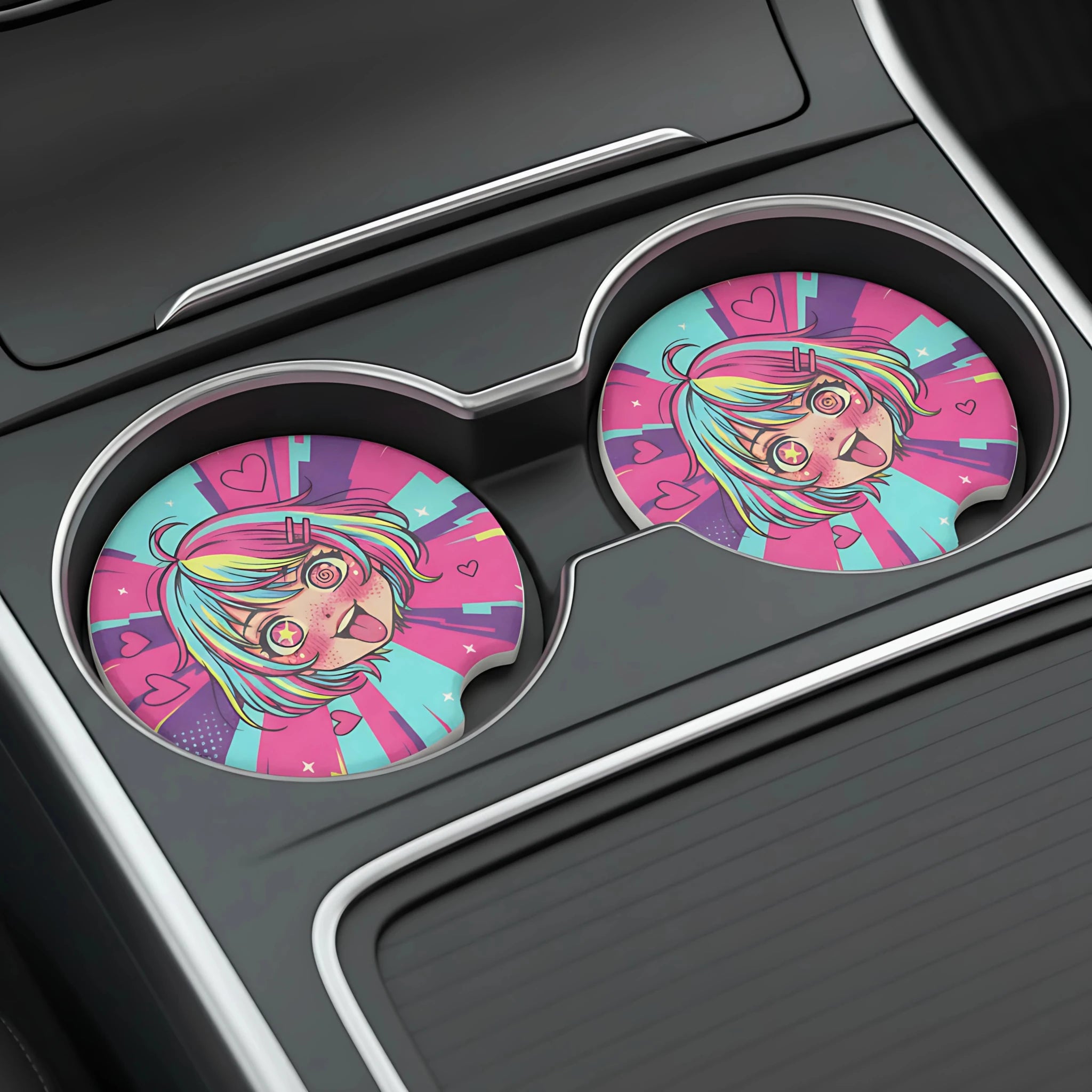Kawaii Anime Girl Hearts Car Coasters Set - Road Muse