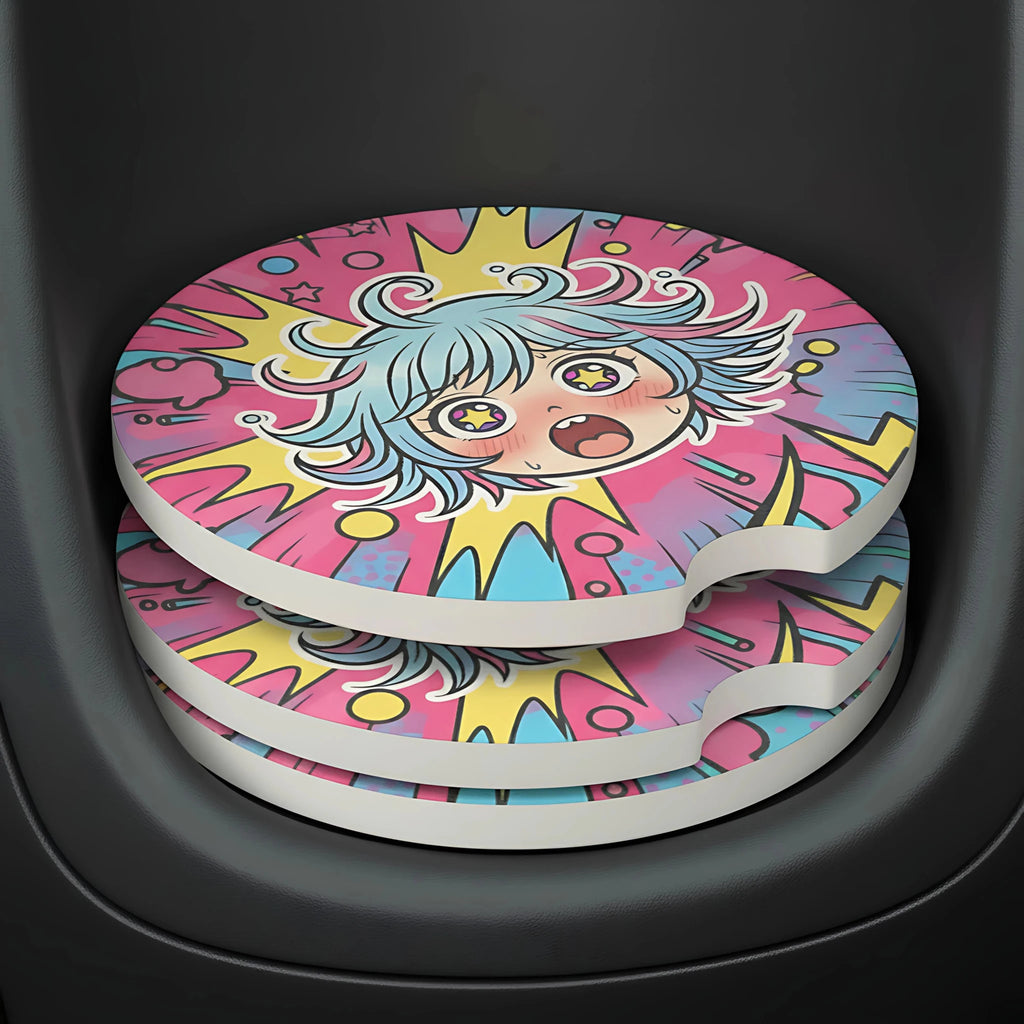 Kawaii Shock Anime Face Car Coasters Set - Road Muse