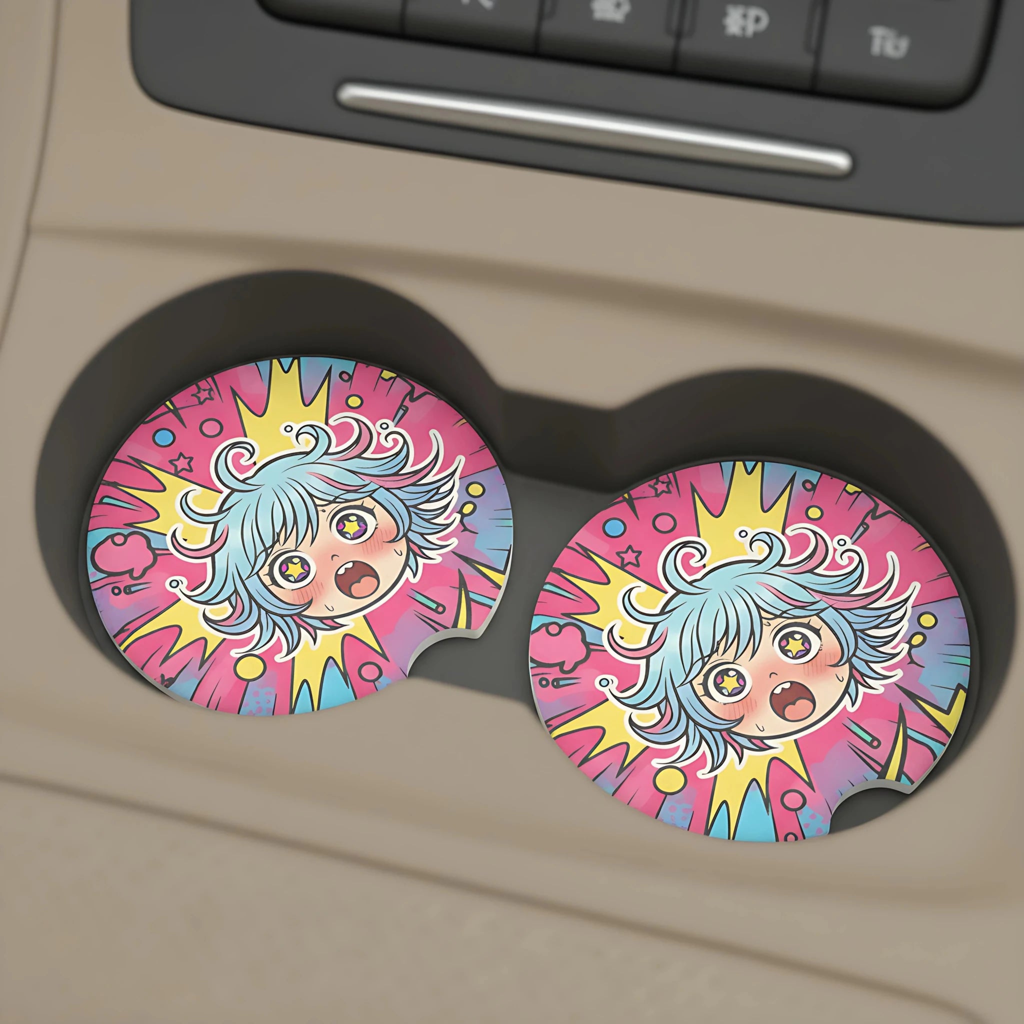 Kawaii Shock Anime Face Car Coasters Set - Road Muse
