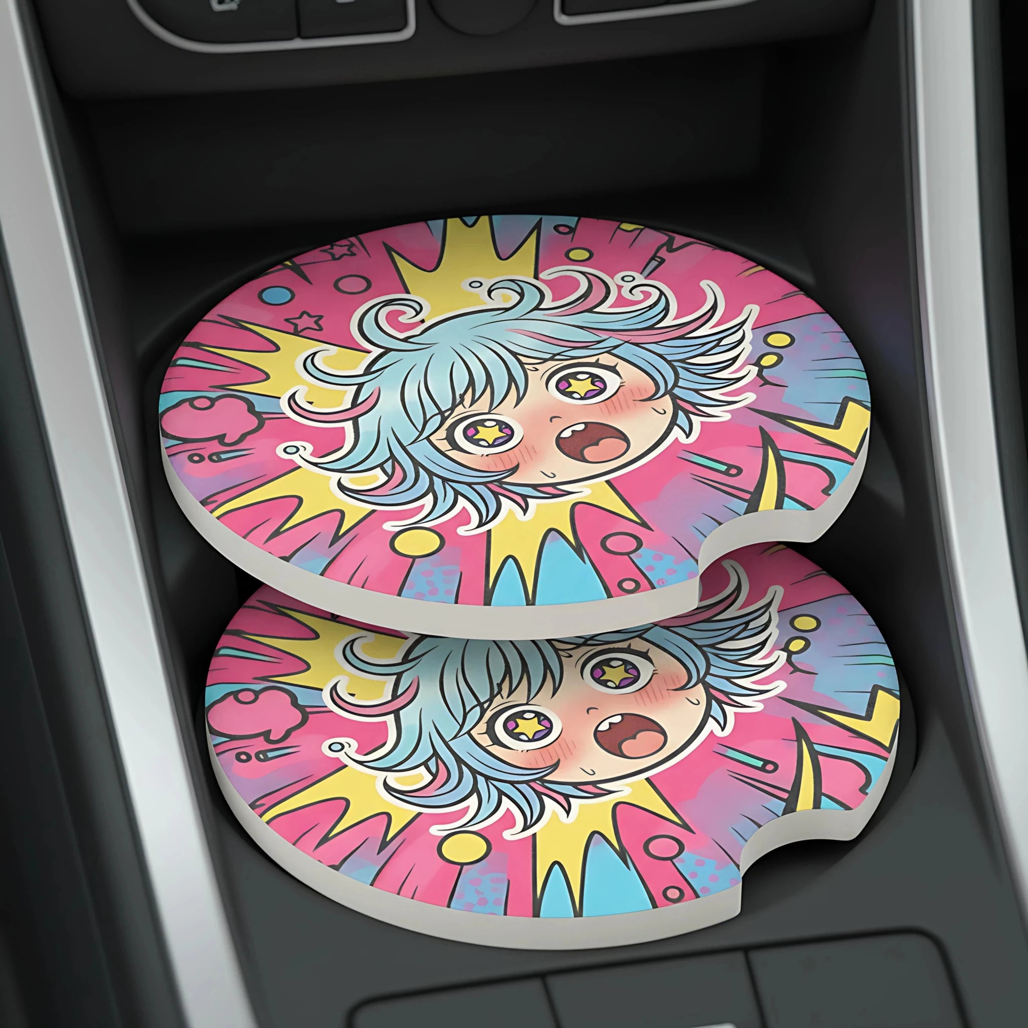 Kawaii Shock Anime Face Car Coasters Set - Road Muse