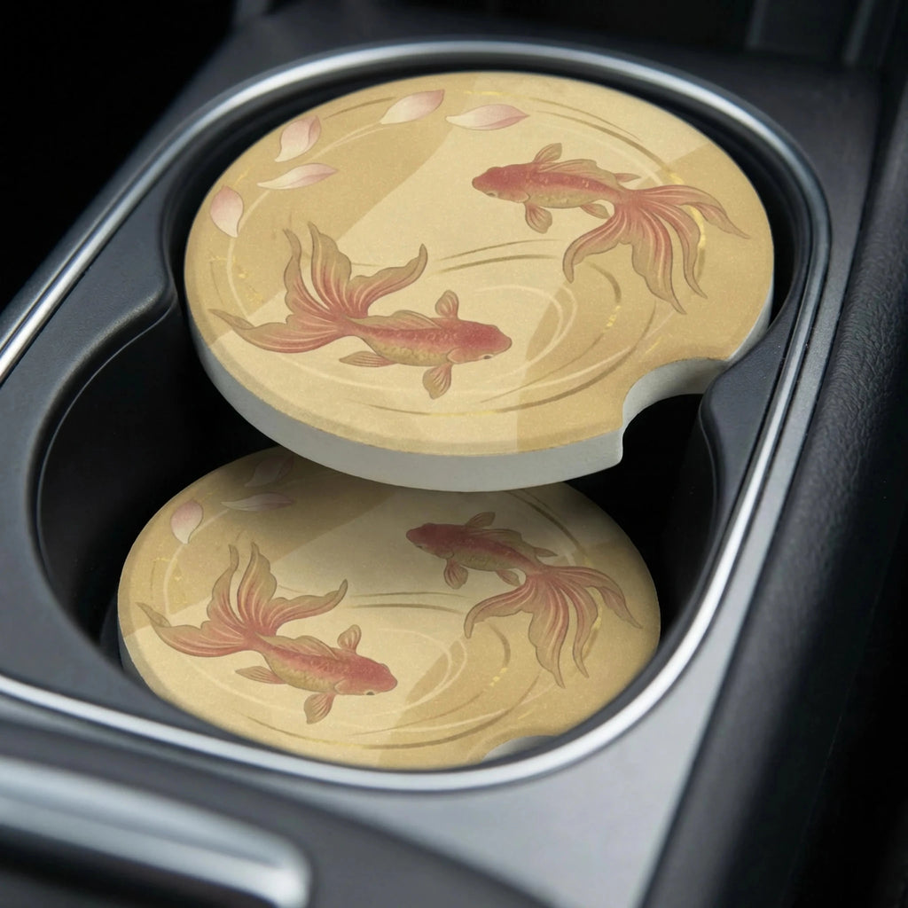 Koi Fish Illustration Car Coasters Set - Road Muse