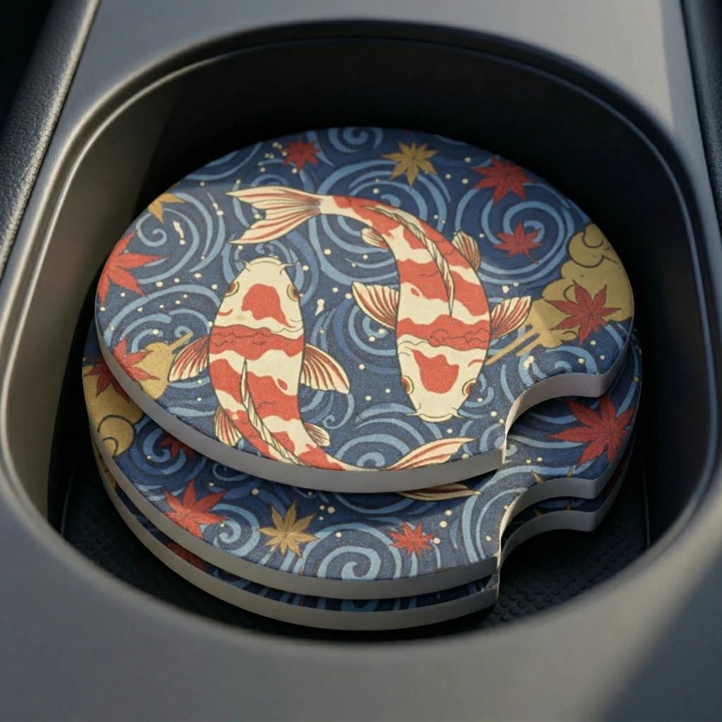Koi Fish Swirl Car Coasters Set - Road Muse