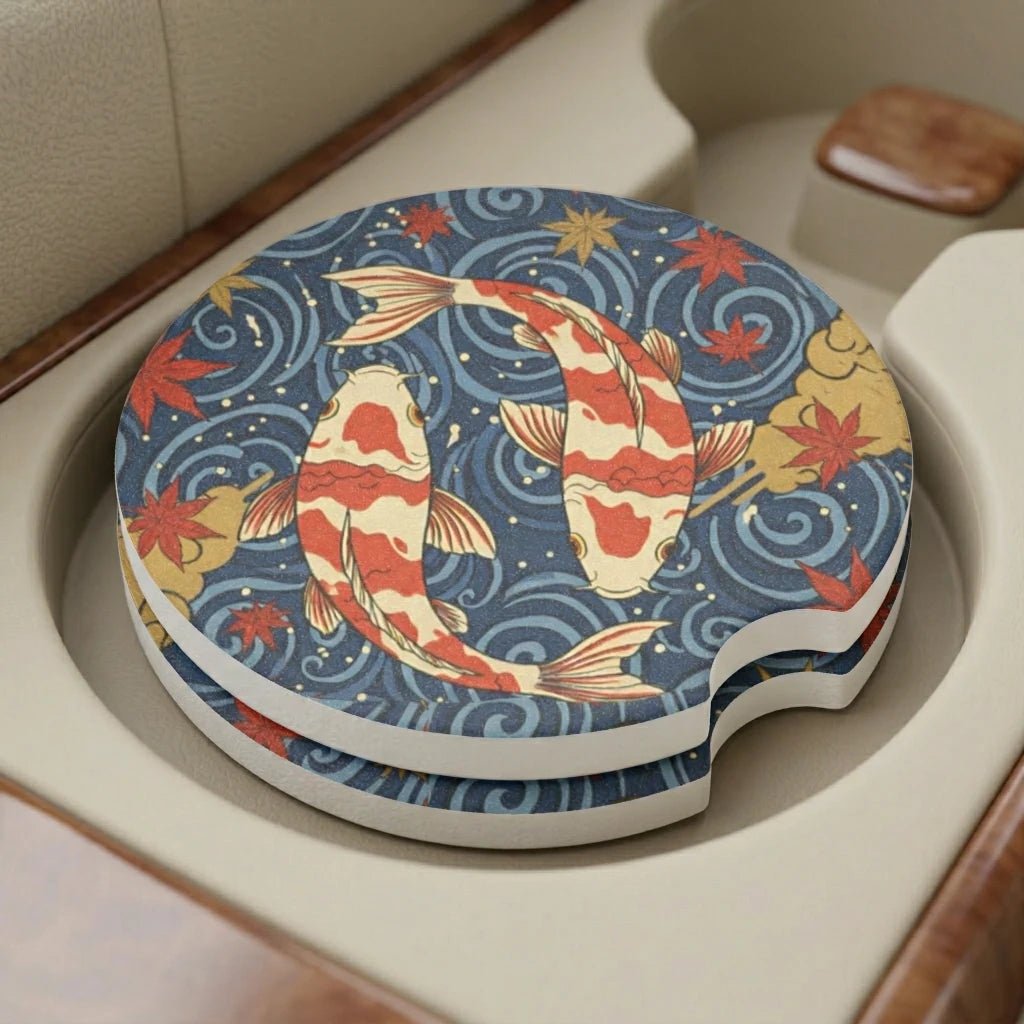 Koi Fish Swirl Car Coasters Set - Road Muse