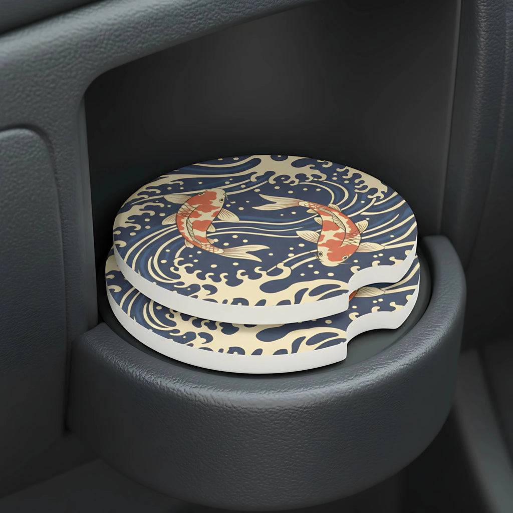 Koi Fish Waves Car Coasters Set - Road Muse