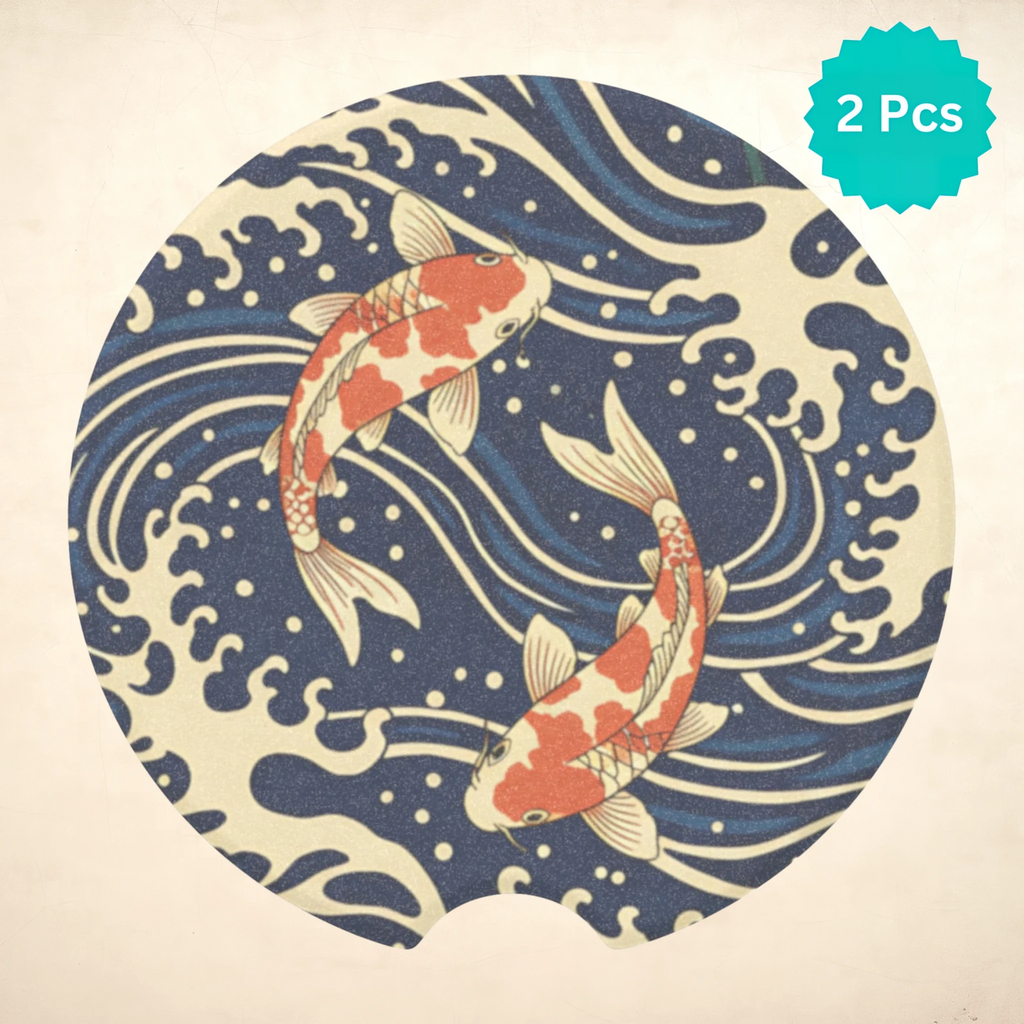 Koi Fish Waves Car Coasters Set - Road Muse