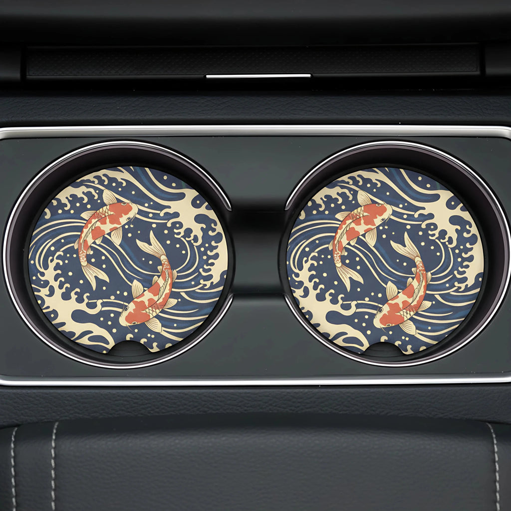 Koi Fish Waves Car Coasters Set - Road Muse