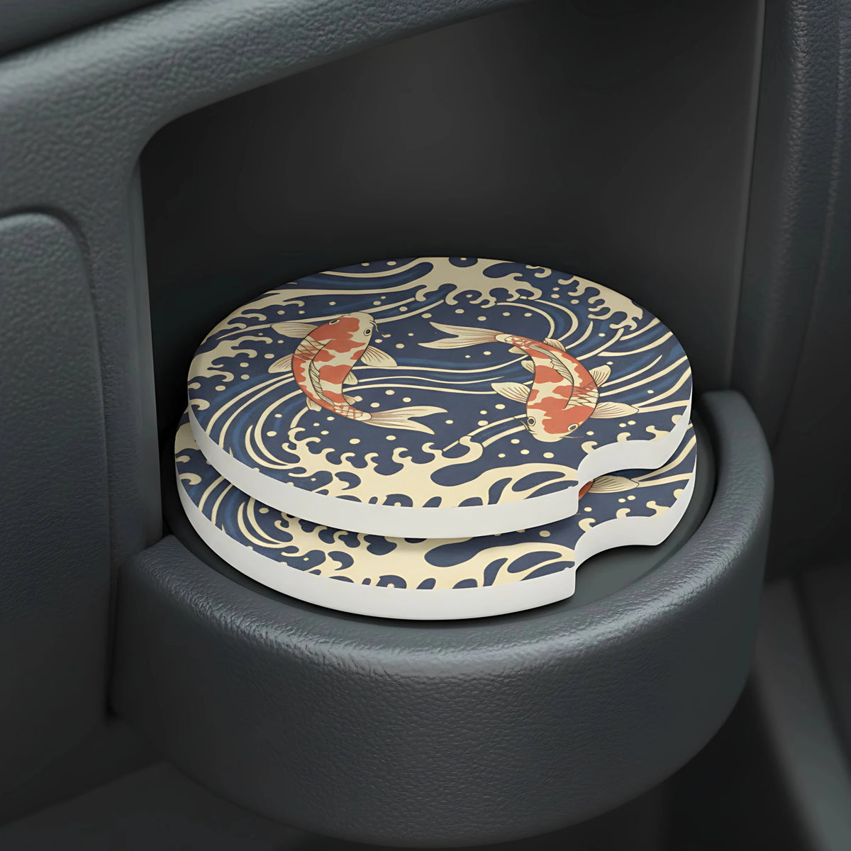 Koi Fish Waves Car Coasters Set - Road Muse