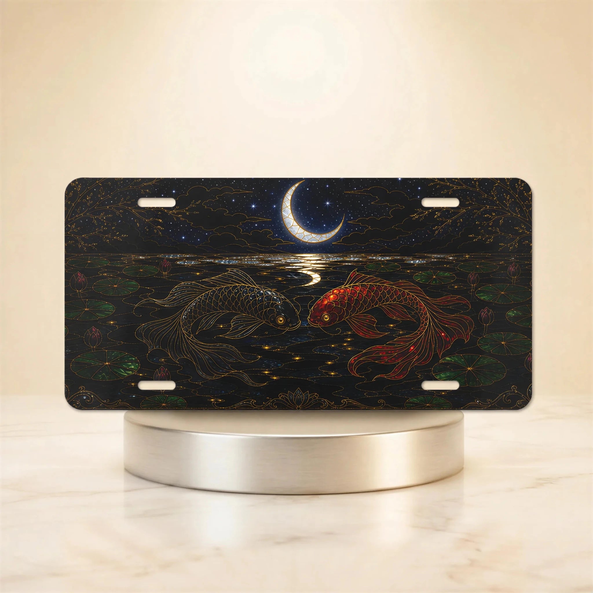 Koi Fish Yin Yang Crescent Moon Vanity Plate - Road Muse