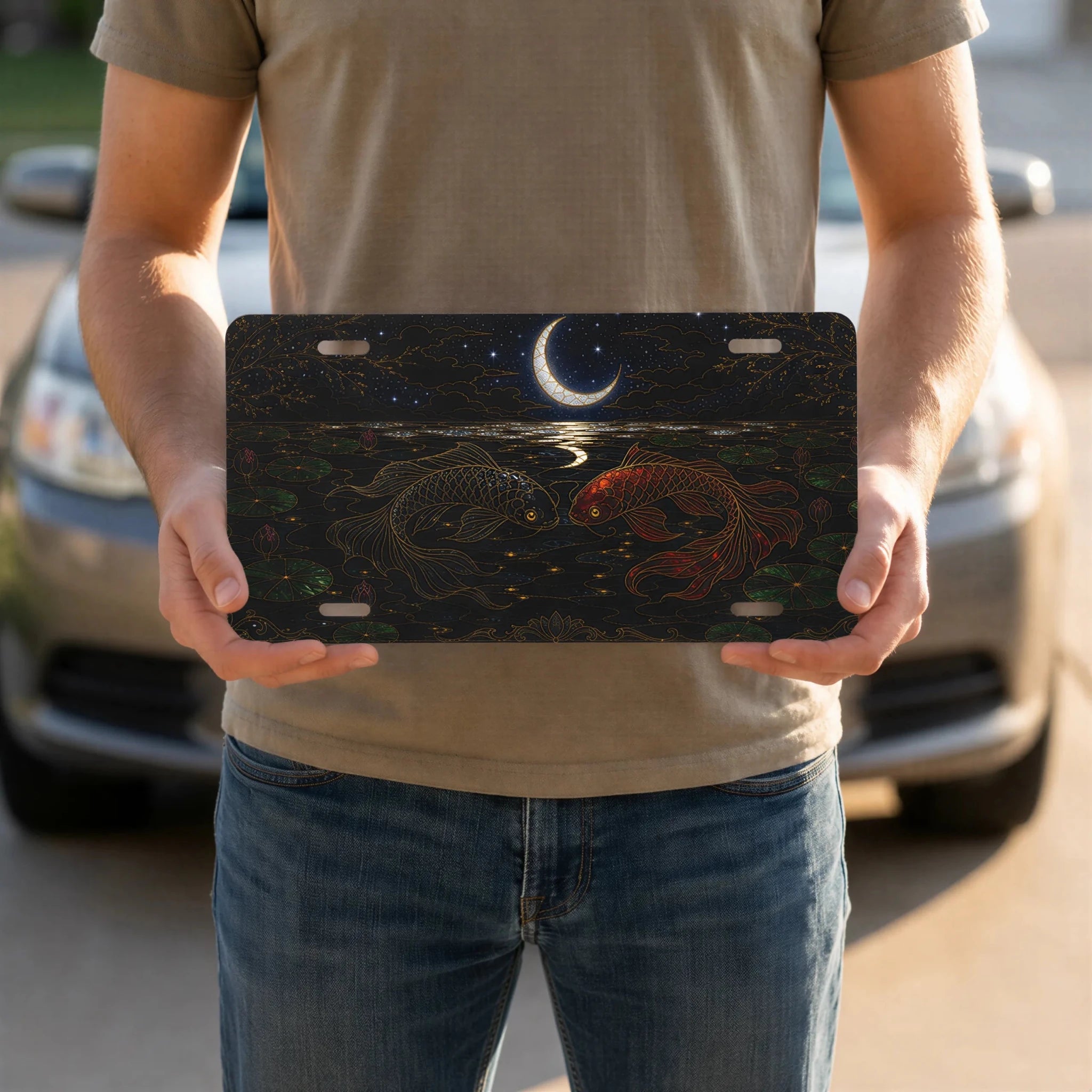 Koi Fish Yin Yang Crescent Moon Vanity Plate - Road Muse