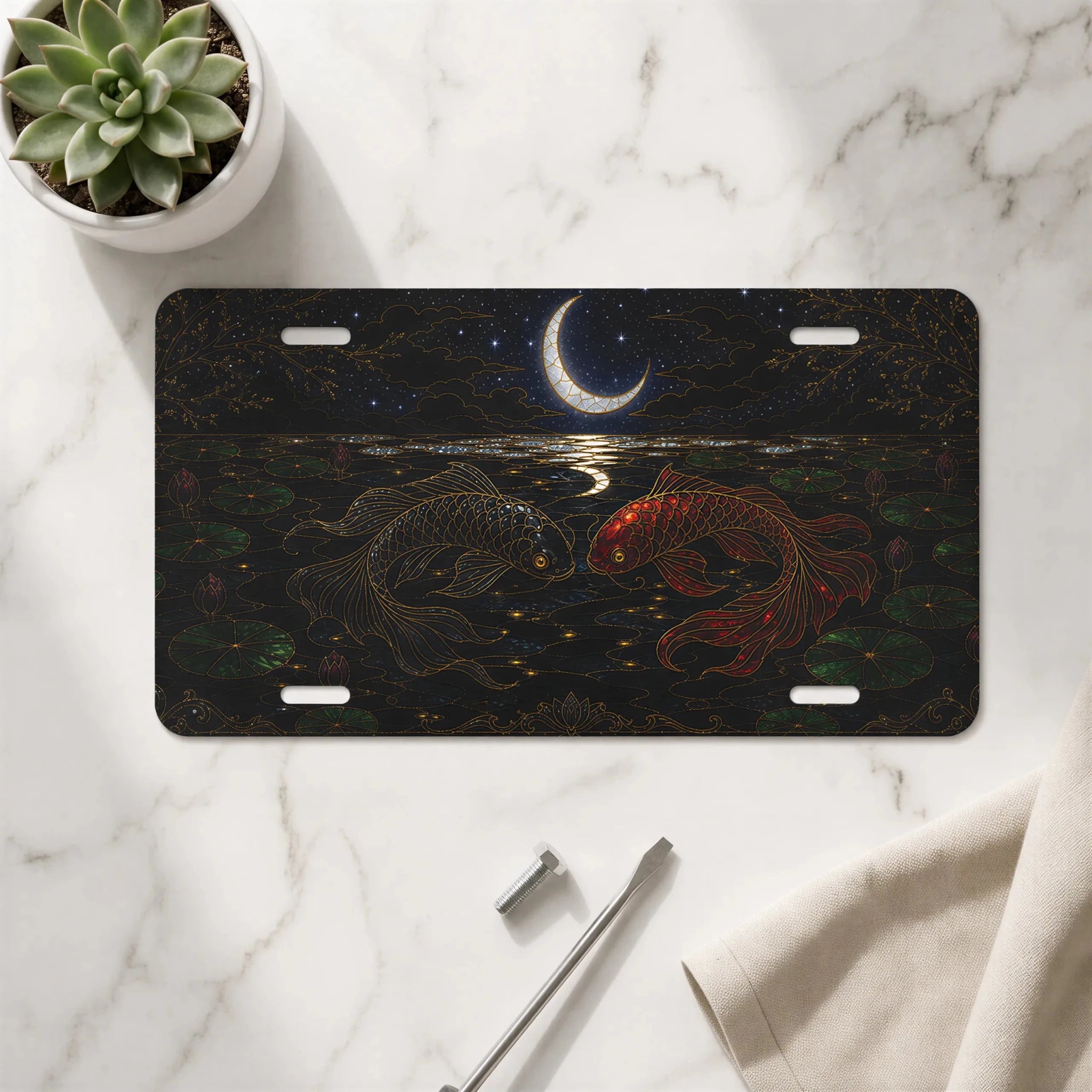 Koi Fish Yin Yang Crescent Moon Vanity Plate - Road Muse