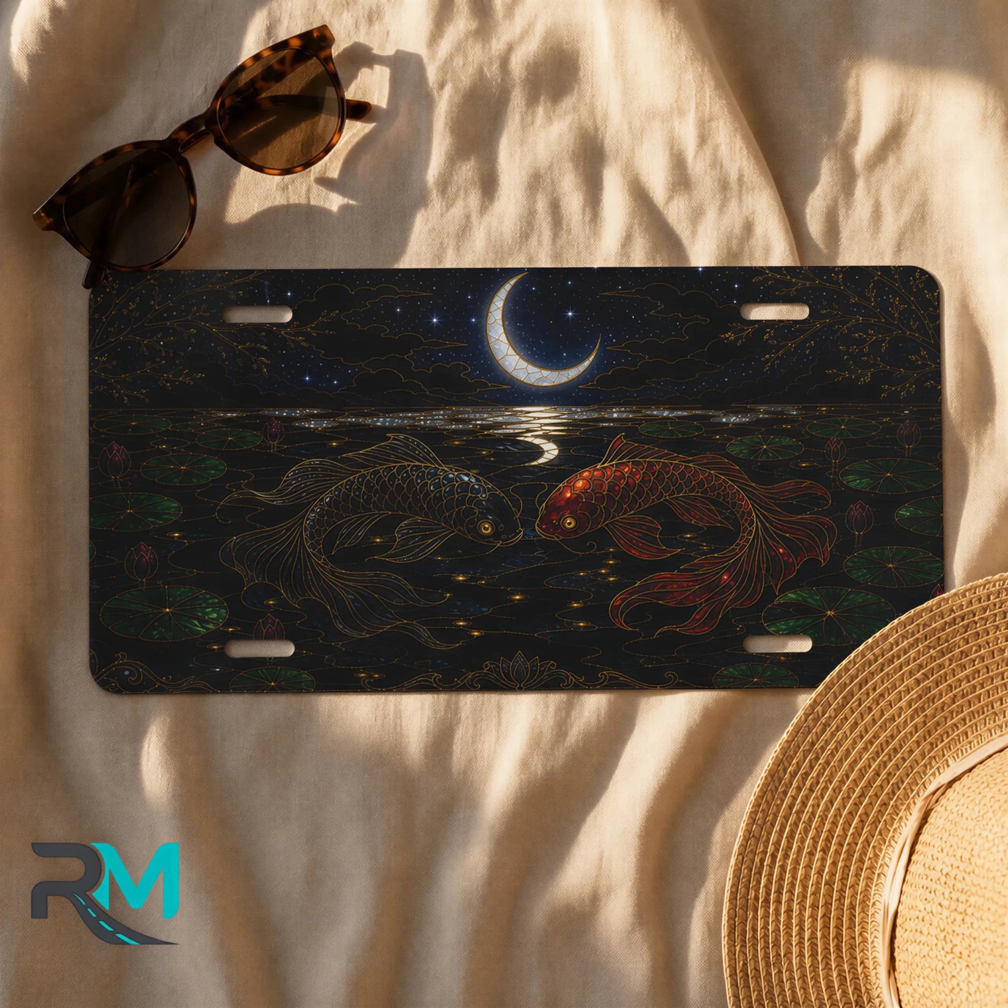 Koi Fish Yin Yang Crescent Moon Vanity Plate - Road Muse