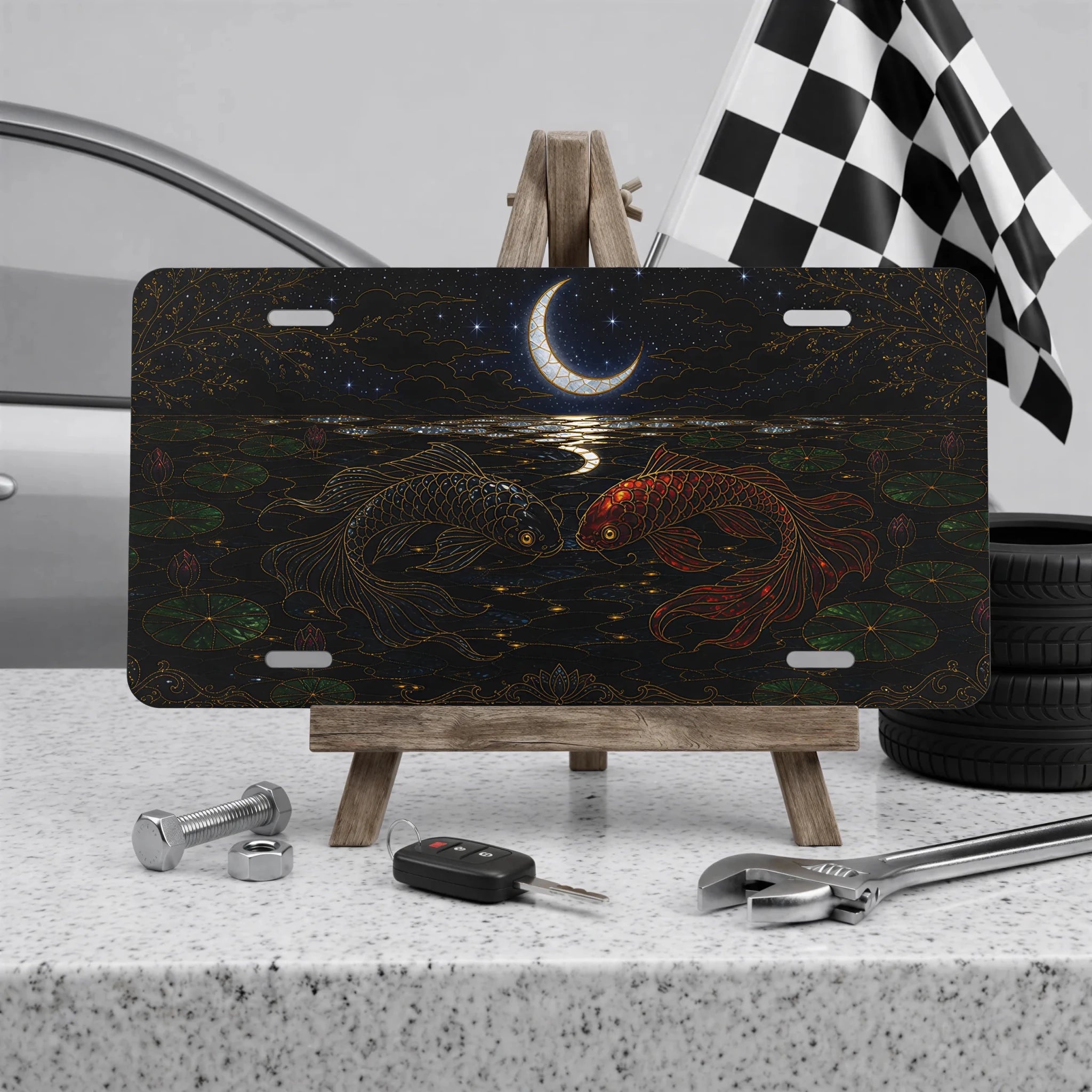 Koi Fish Yin Yang Crescent Moon Vanity Plate - Road Muse