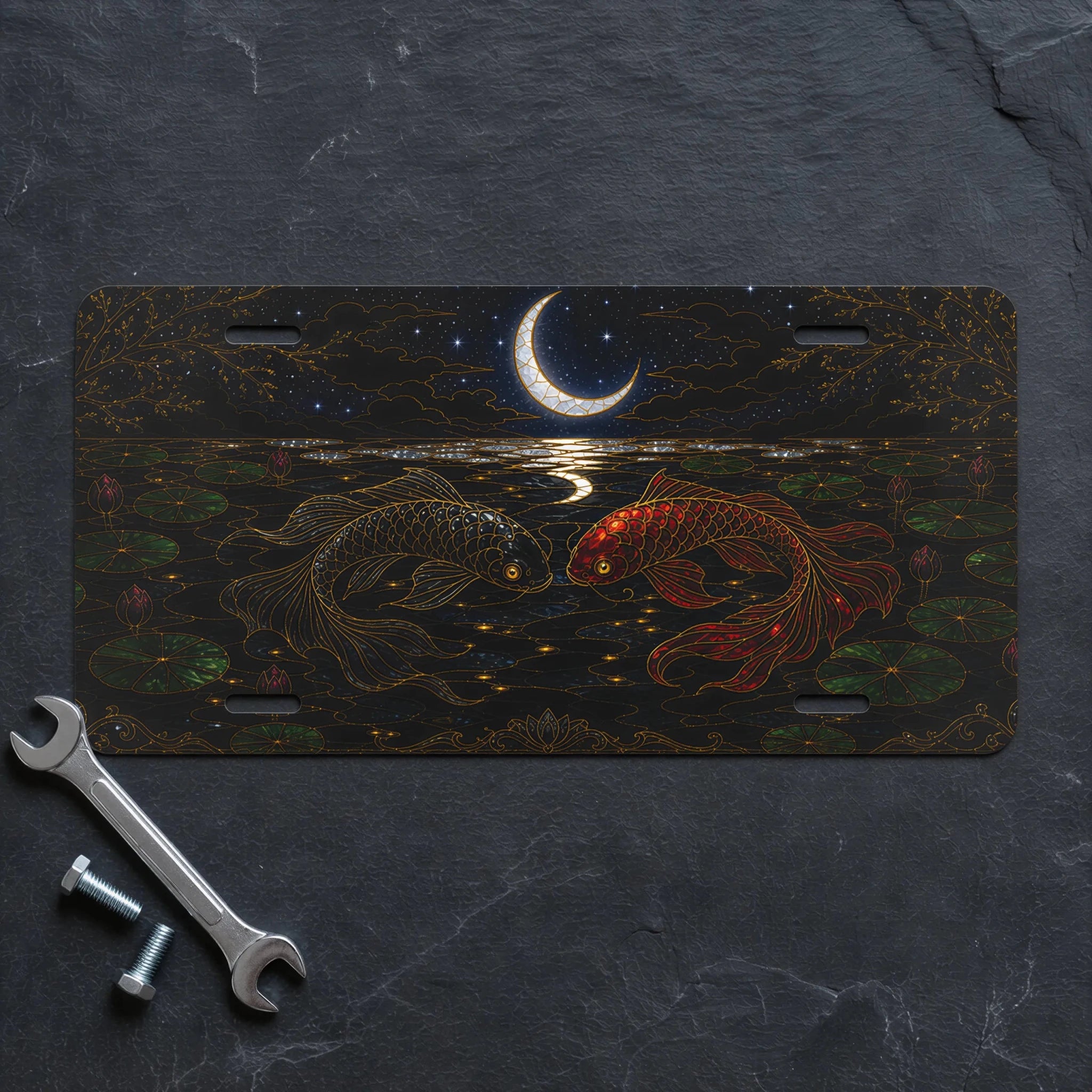 Koi Fish Yin Yang Crescent Moon Vanity Plate - Road Muse
