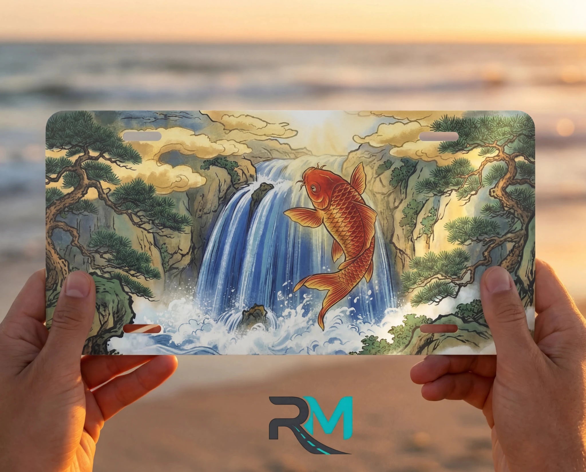 Koi Jumping Waterfall Vanity Plate - Road Muse
