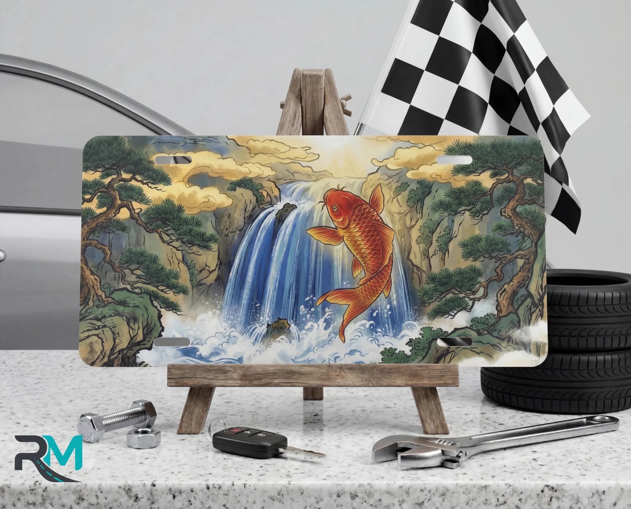Koi Jumping Waterfall Vanity Plate - Road Muse