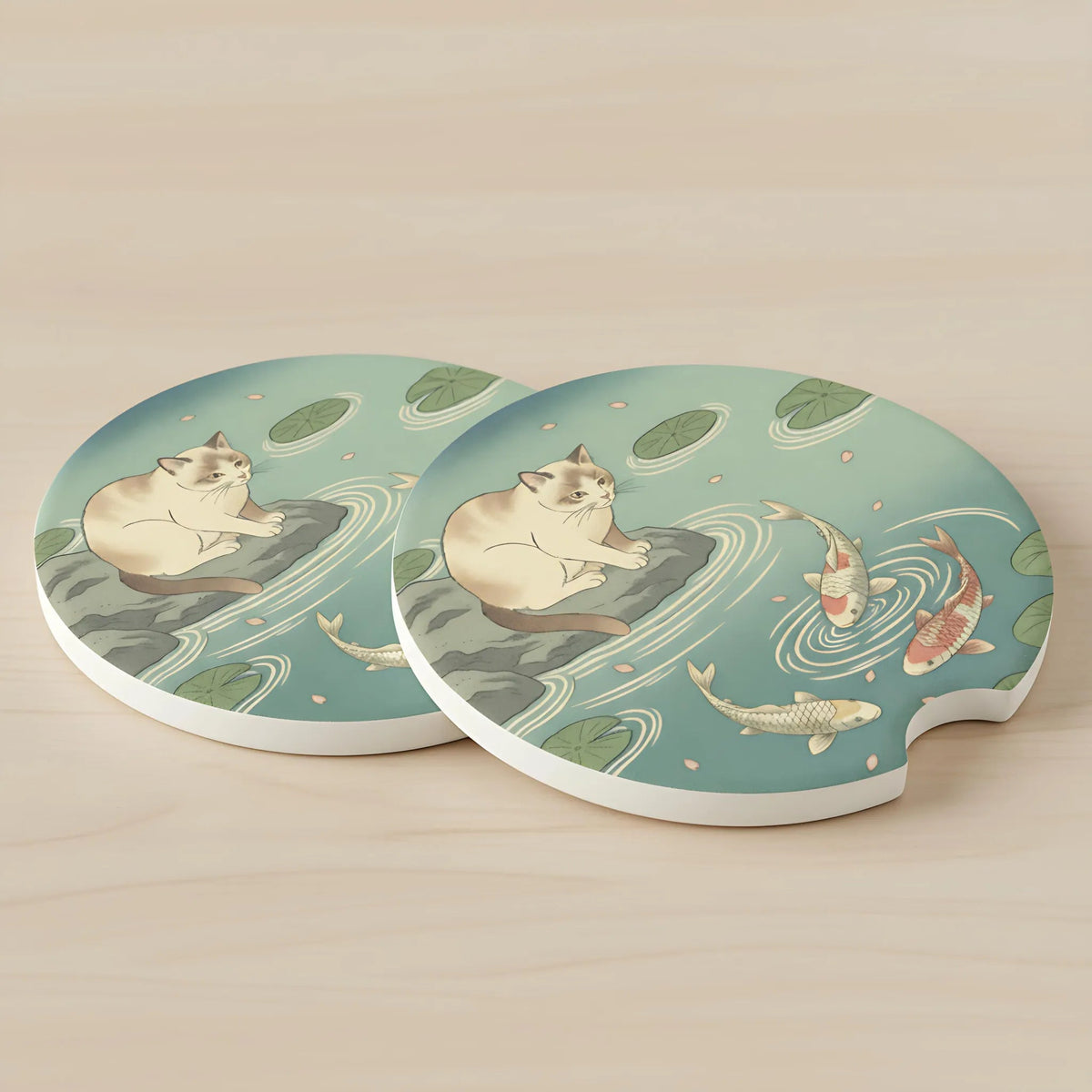 Koi Pond Cat Car Coasters Set - Road Muse