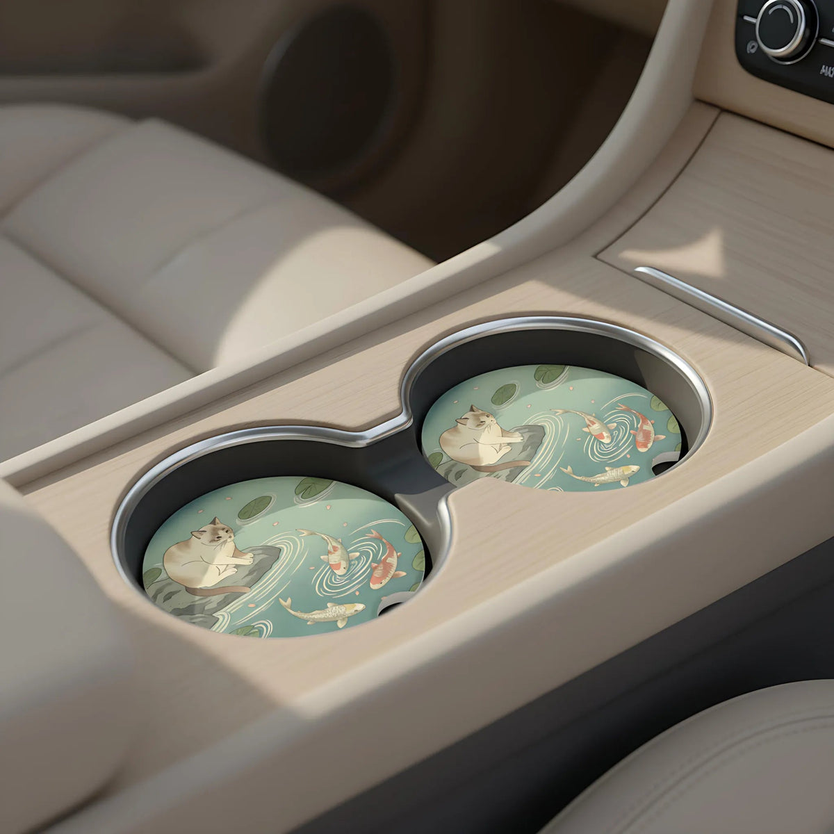 Koi Pond Cat Car Coasters Set - Road Muse