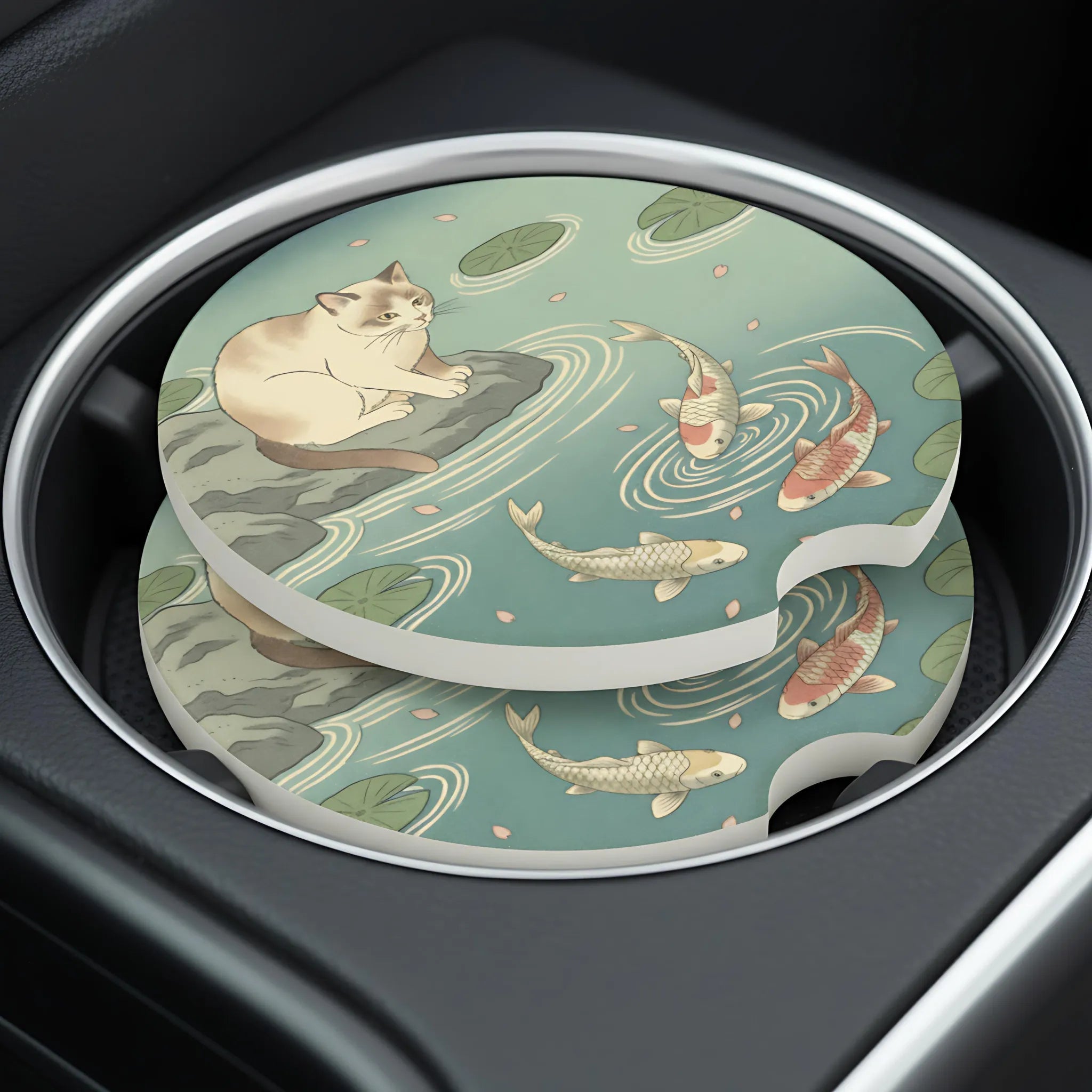 Koi Pond Cat Car Coasters Set - Road Muse