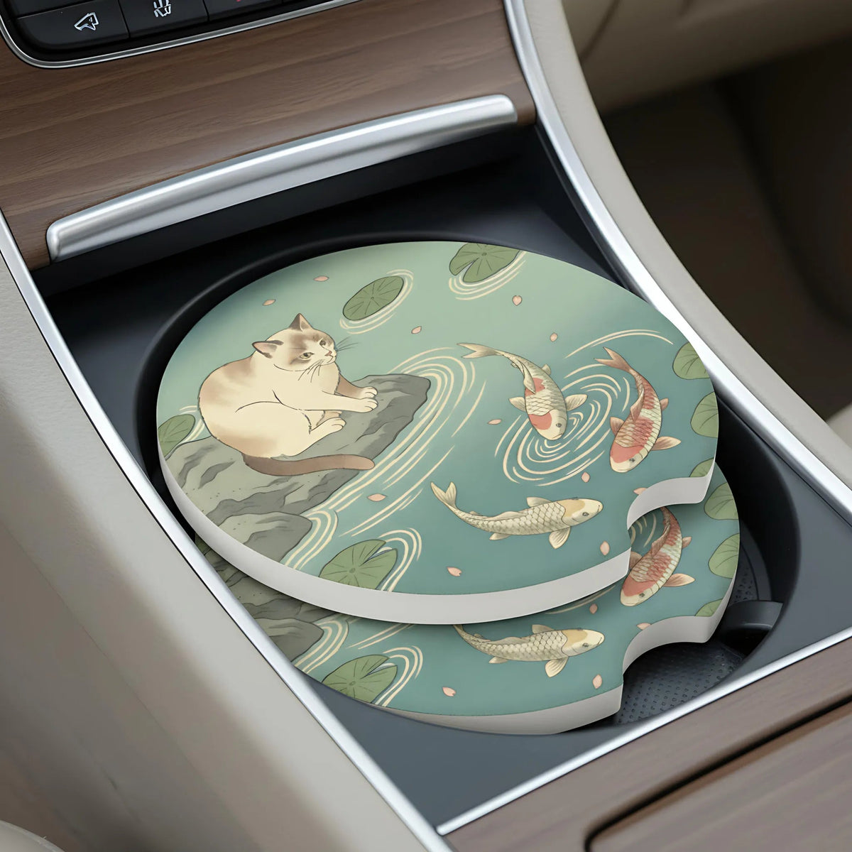 Koi Pond Cat Car Coasters Set - Road Muse