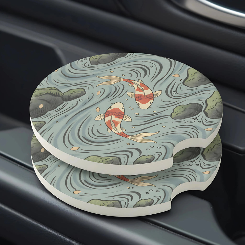 Koi Pond Illustration Car Coasters Set - Road Muse