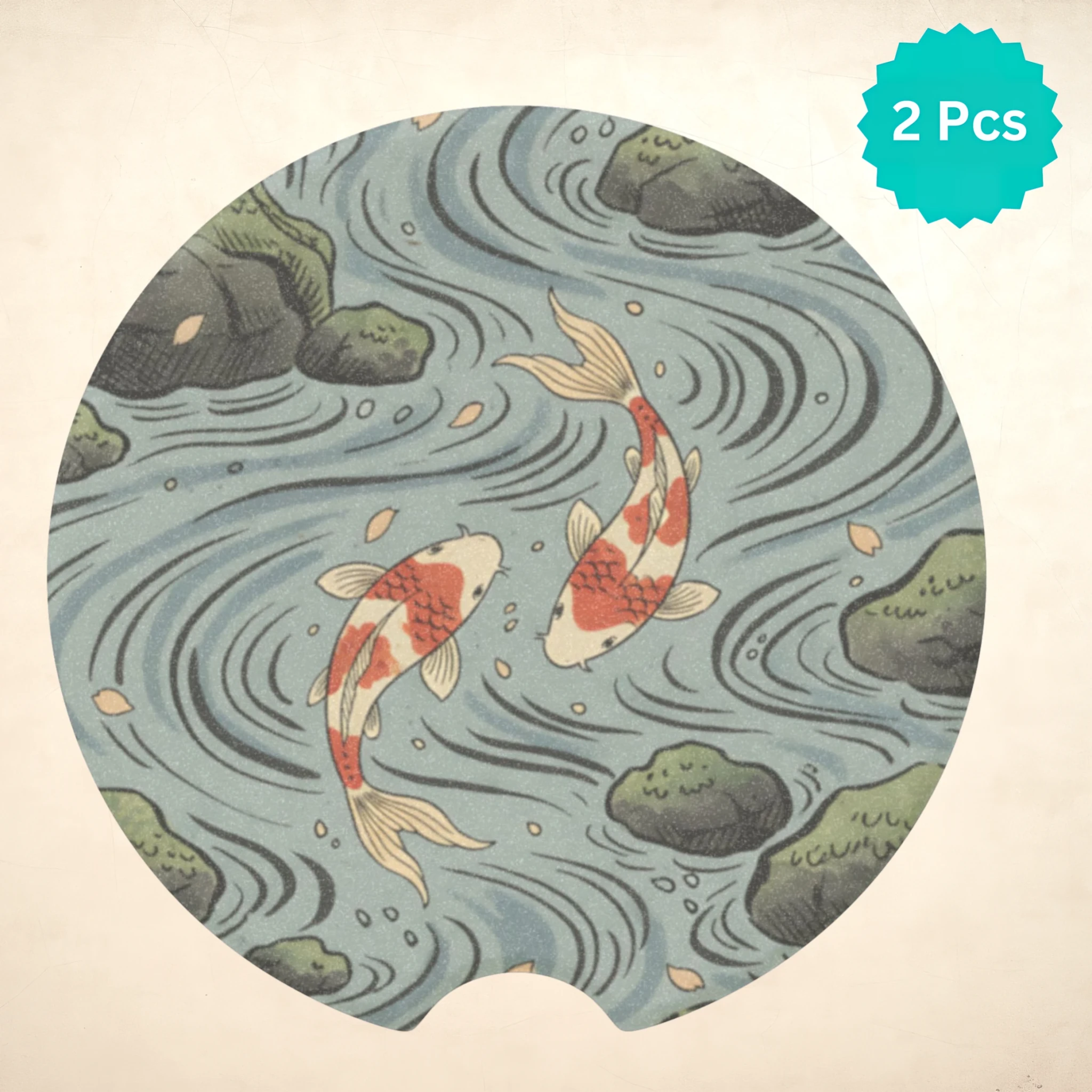 Koi Pond Illustration Car Coasters Set - Road Muse