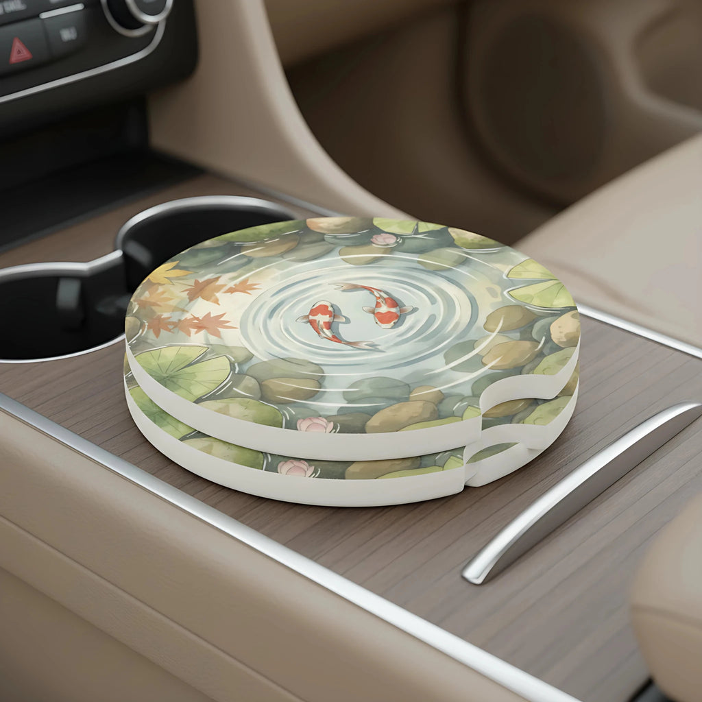 Koi Pond Illustration Soapstone Car Coasters Set - Road Muse