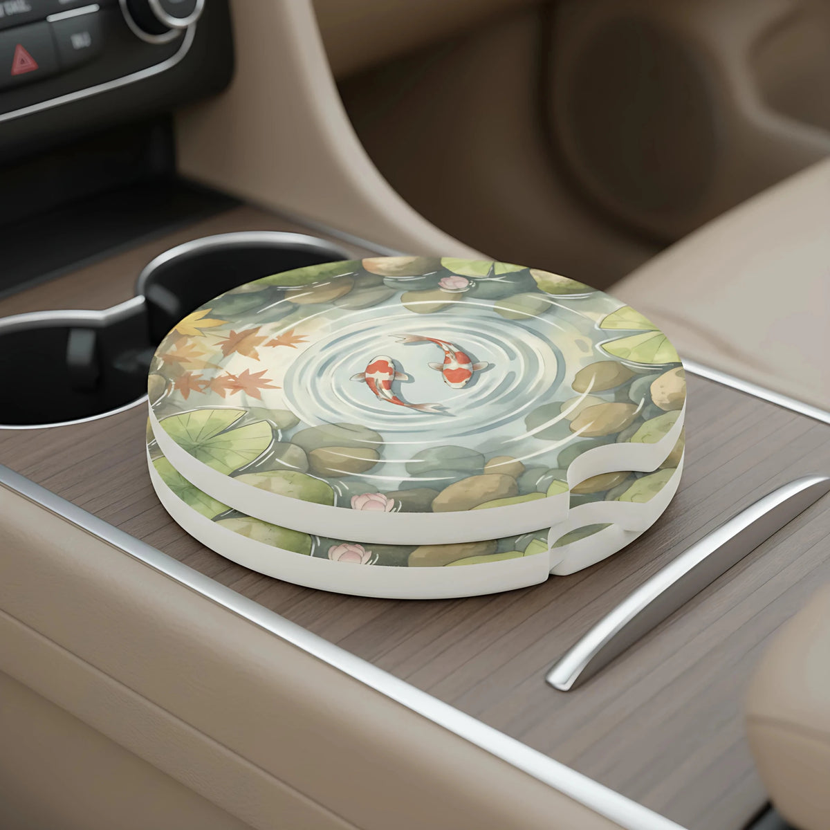 Koi Pond Illustration Soapstone Car Coasters Set - Road Muse